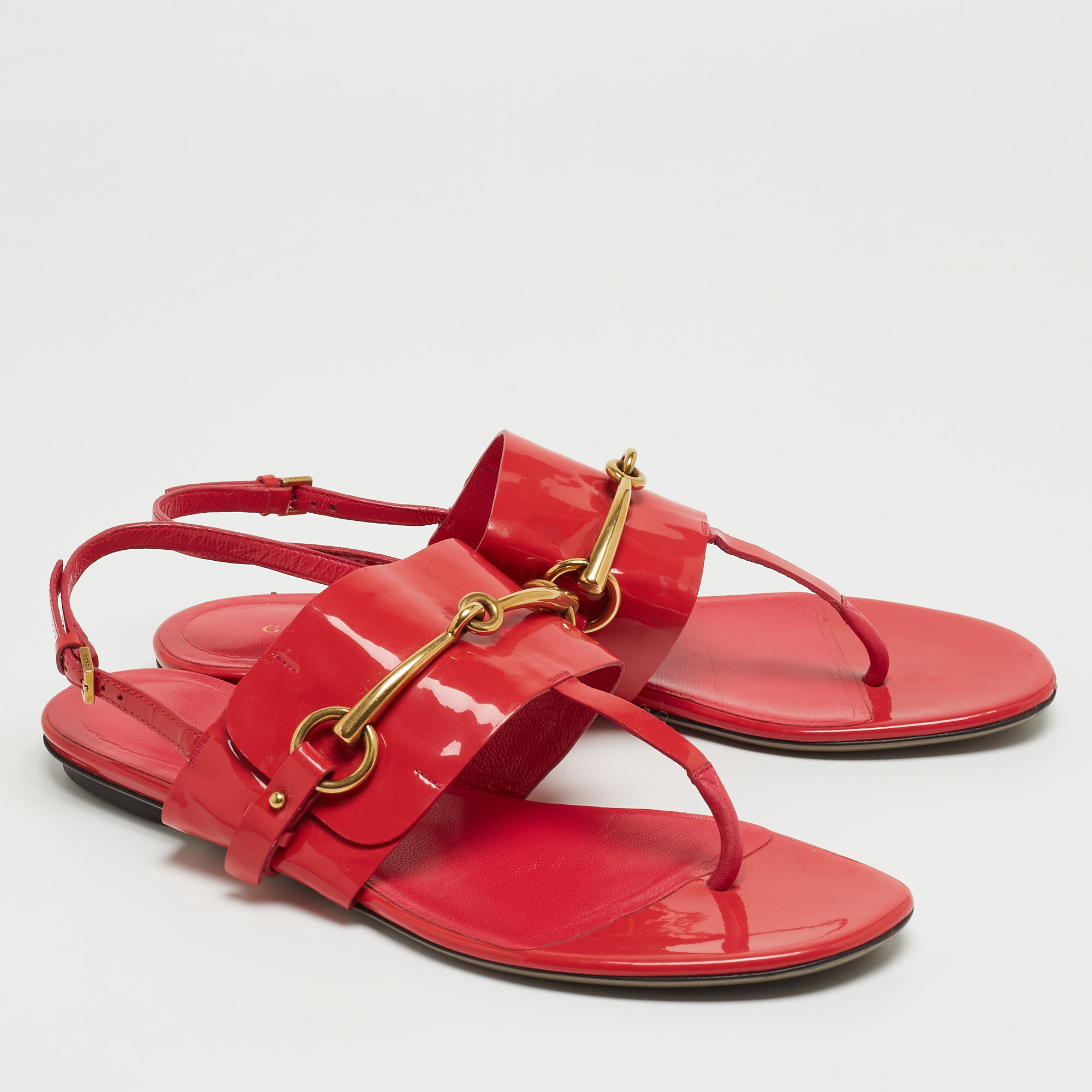 Gucci Red Patent Leather Slingback Flat Sandals Size 38