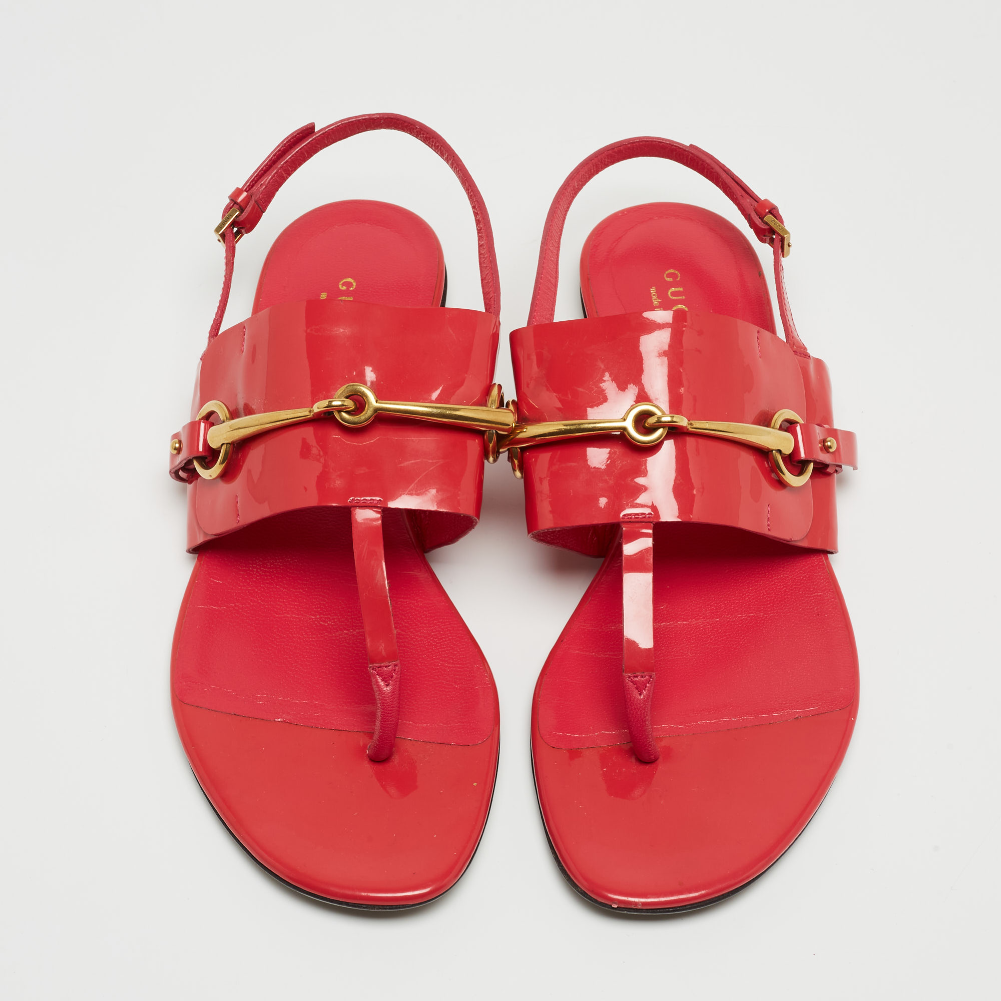 Gucci Red Patent Leather Slingback Flat Sandals Size 38