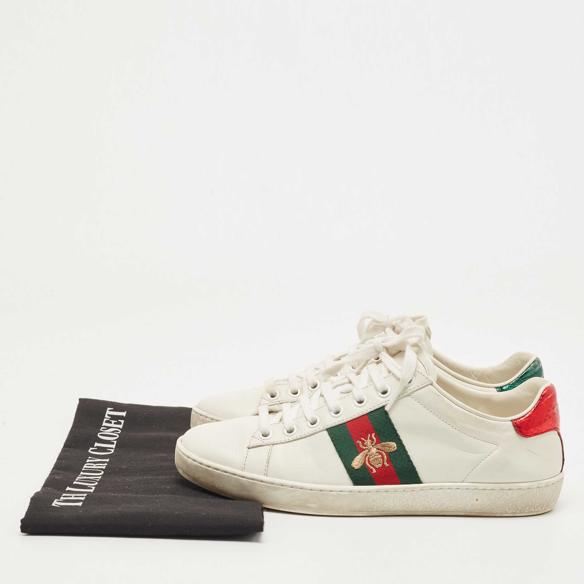 Gucci White Leather And Python Embossed Leather Ace Bee Web Low Top Sneakers Size 37