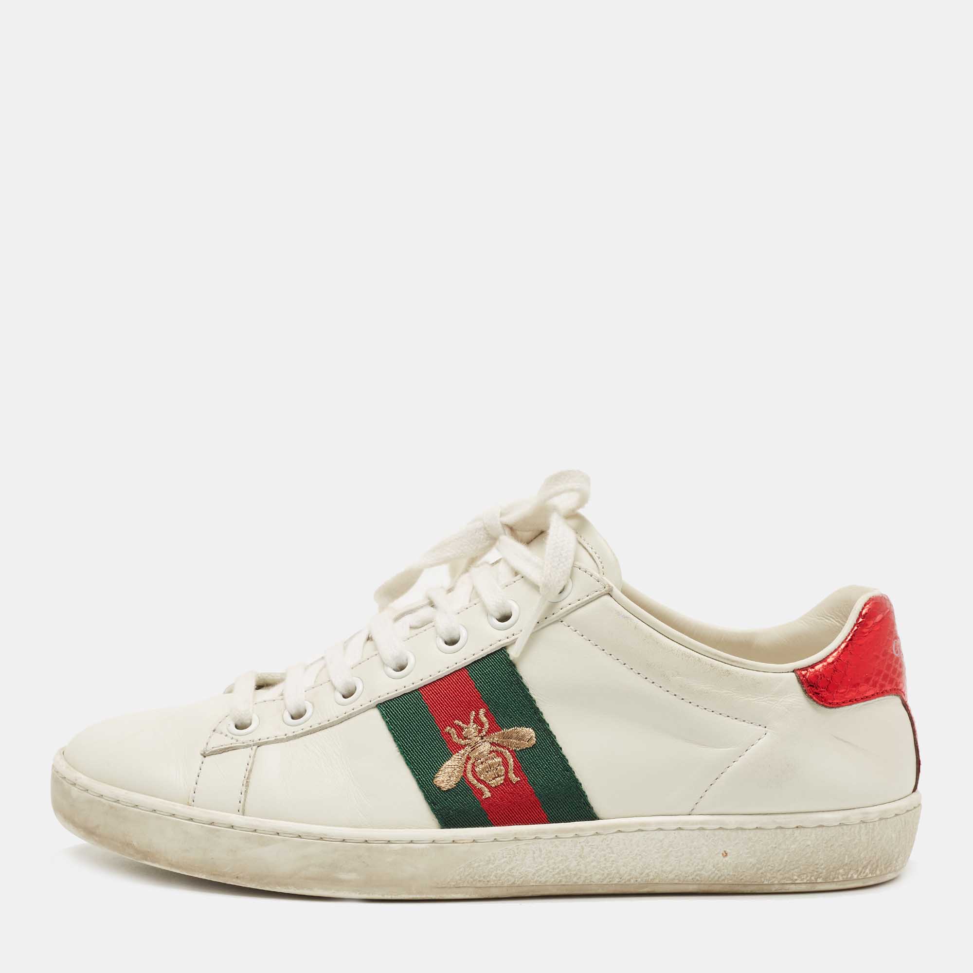 Gucci White Leather And Python Embossed Leather Ace Bee Web Low Top Sneakers Size 37