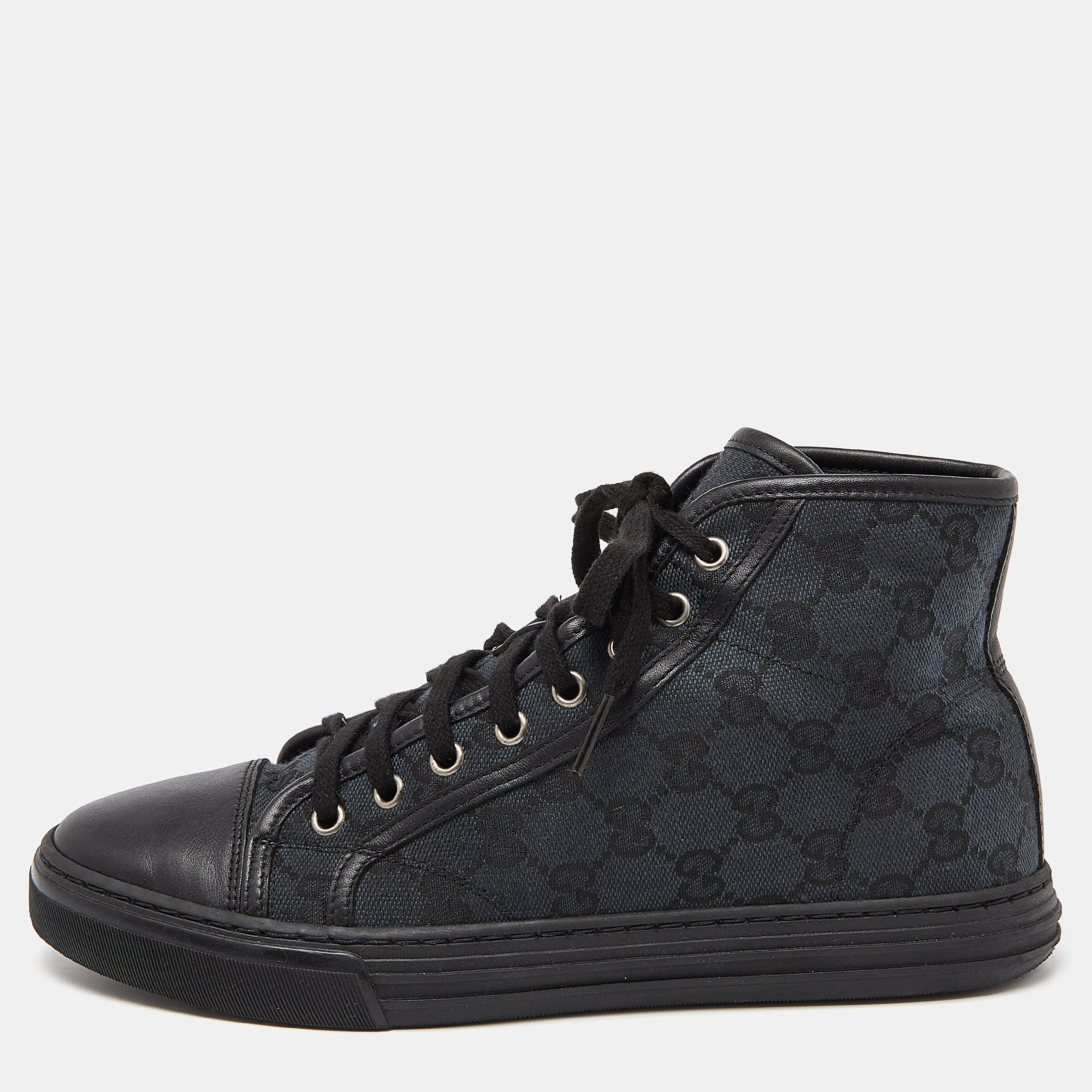 Gucci black gg canvas and leather brooklyn high top sneakers size 37.5