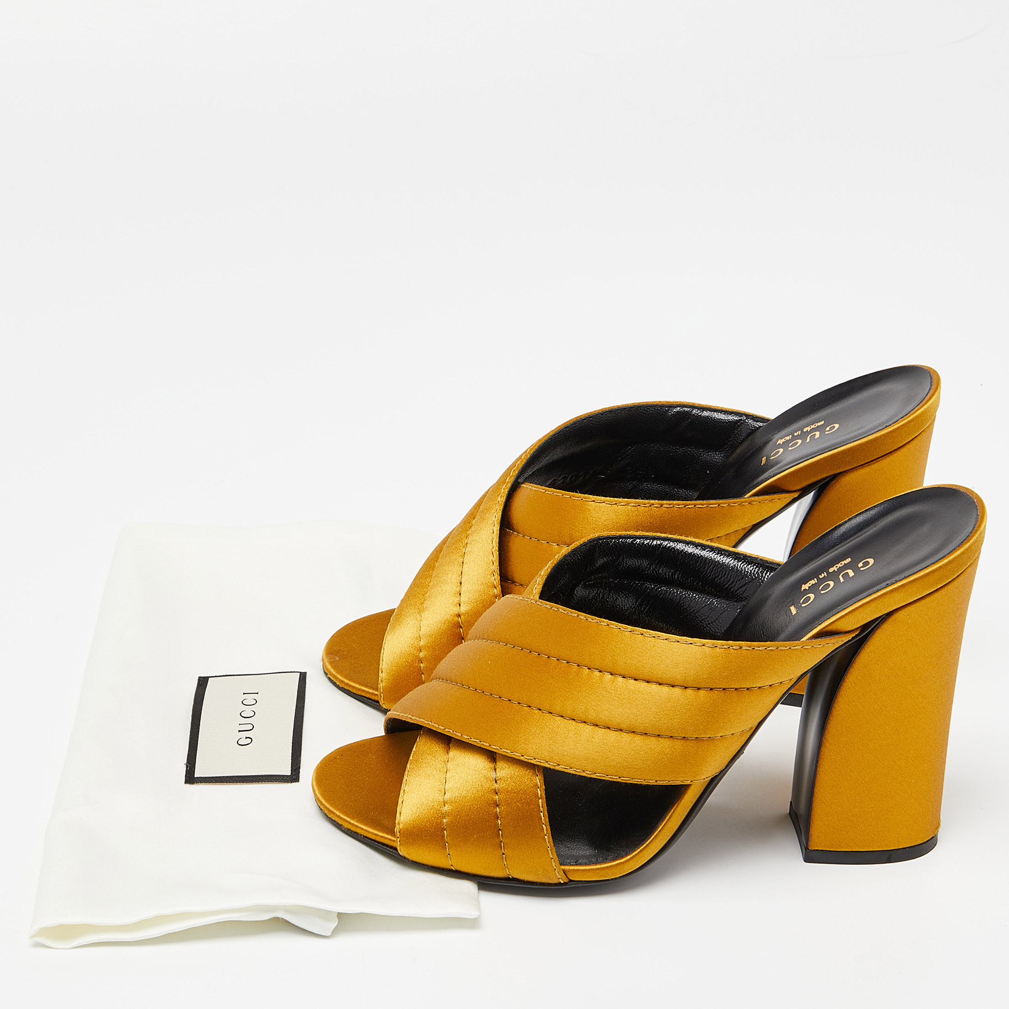 Gucci Gold Satin Webby Cross Strap Slide Sandals Size 39.5