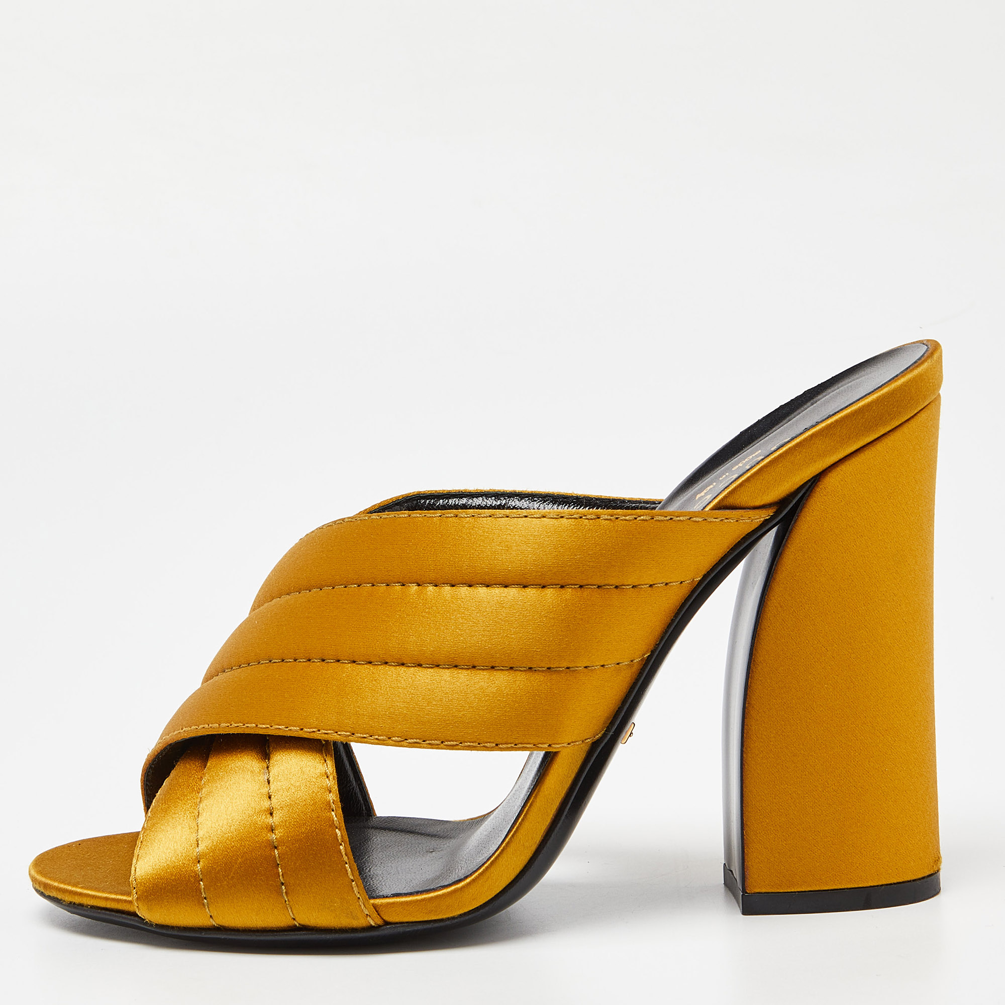 Gucci gold satin webby cross strap slide sandals size 39.5
