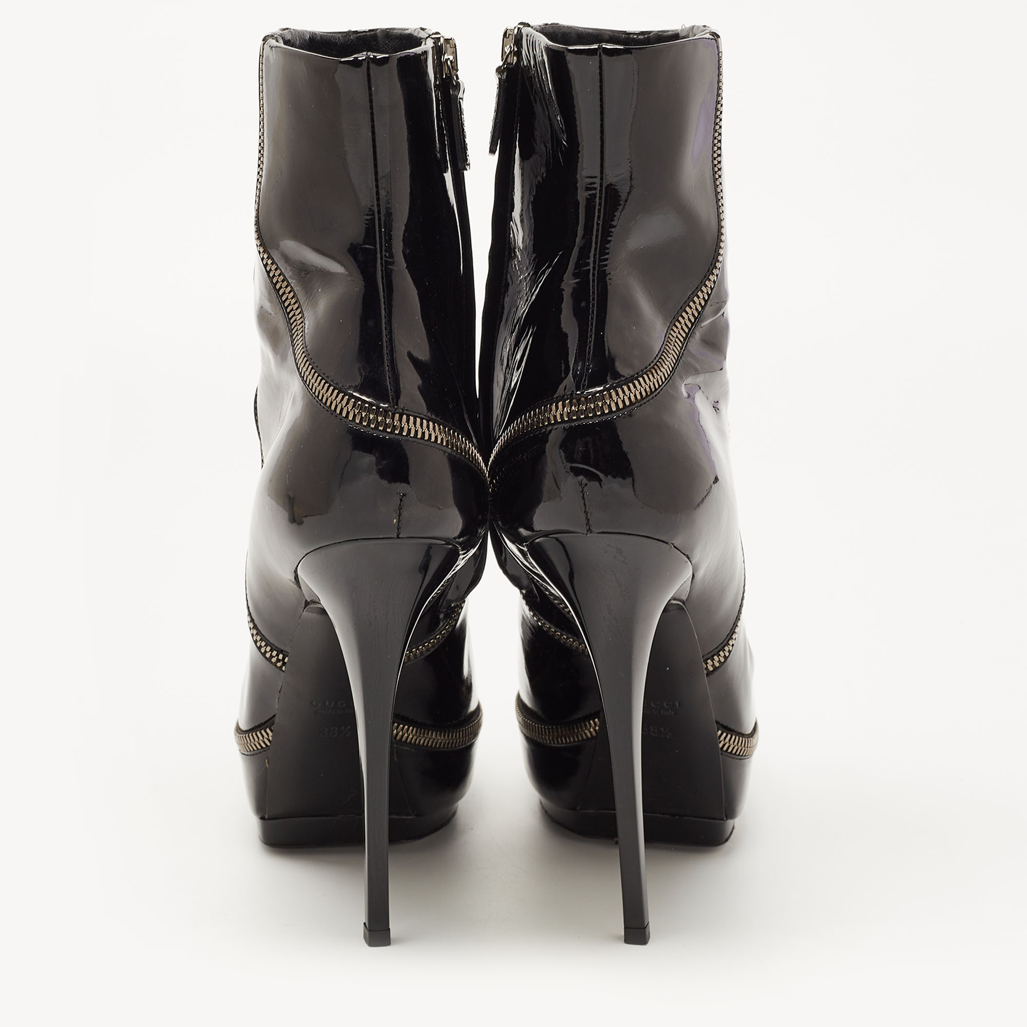 Gucci Black Patent Leather Zip Detail Platform Ankle Boots Size 38.5