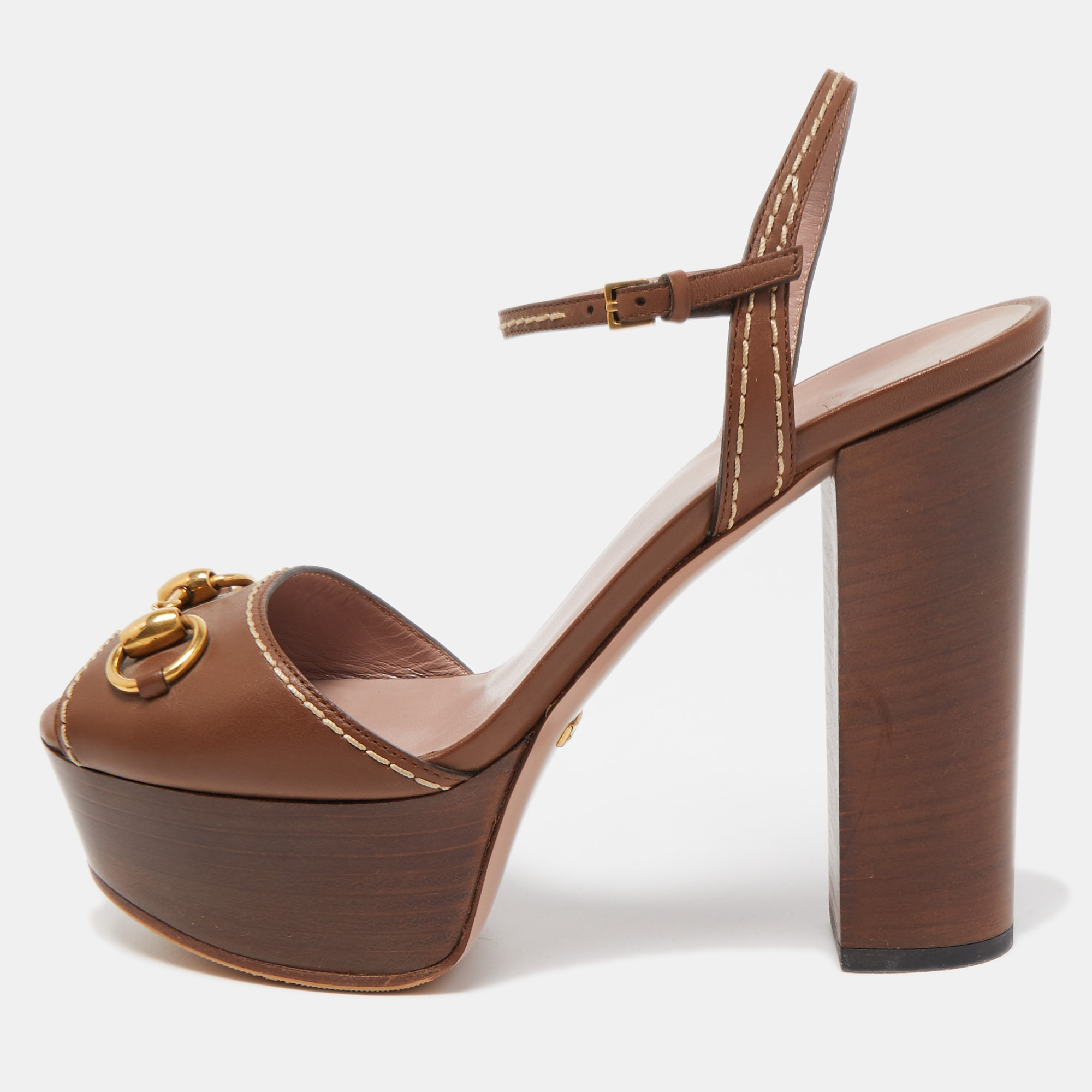 Gucci Brown Leather Claudie Ankle Strap Sandals Size 37.5