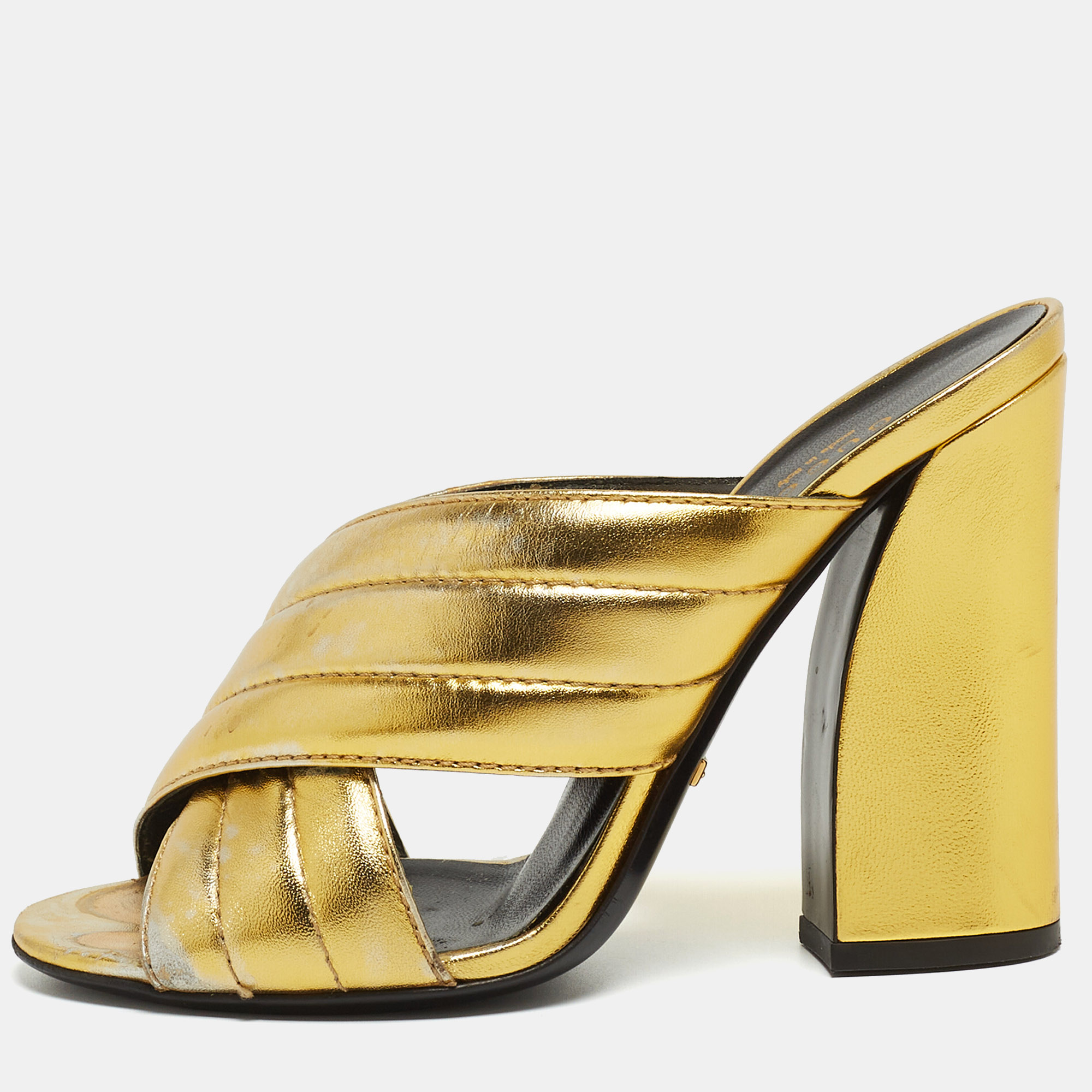 Gucci metallic gold leather  webby slide sandals size 38