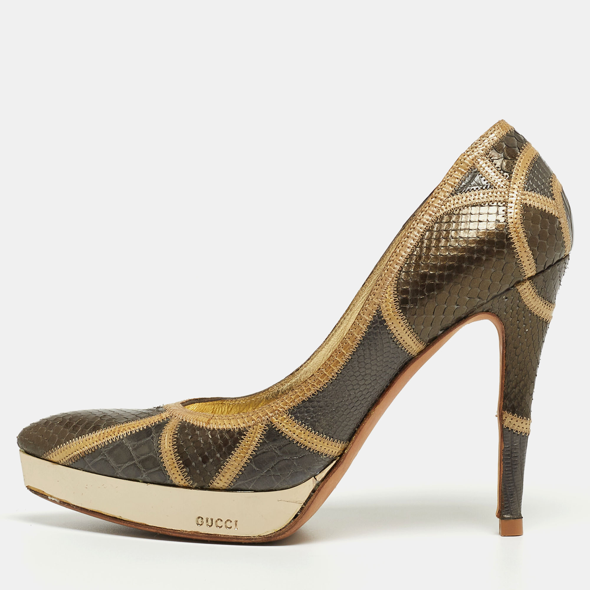 Gucci tricolor python, crocodile and lizard platform pumps size 36.5