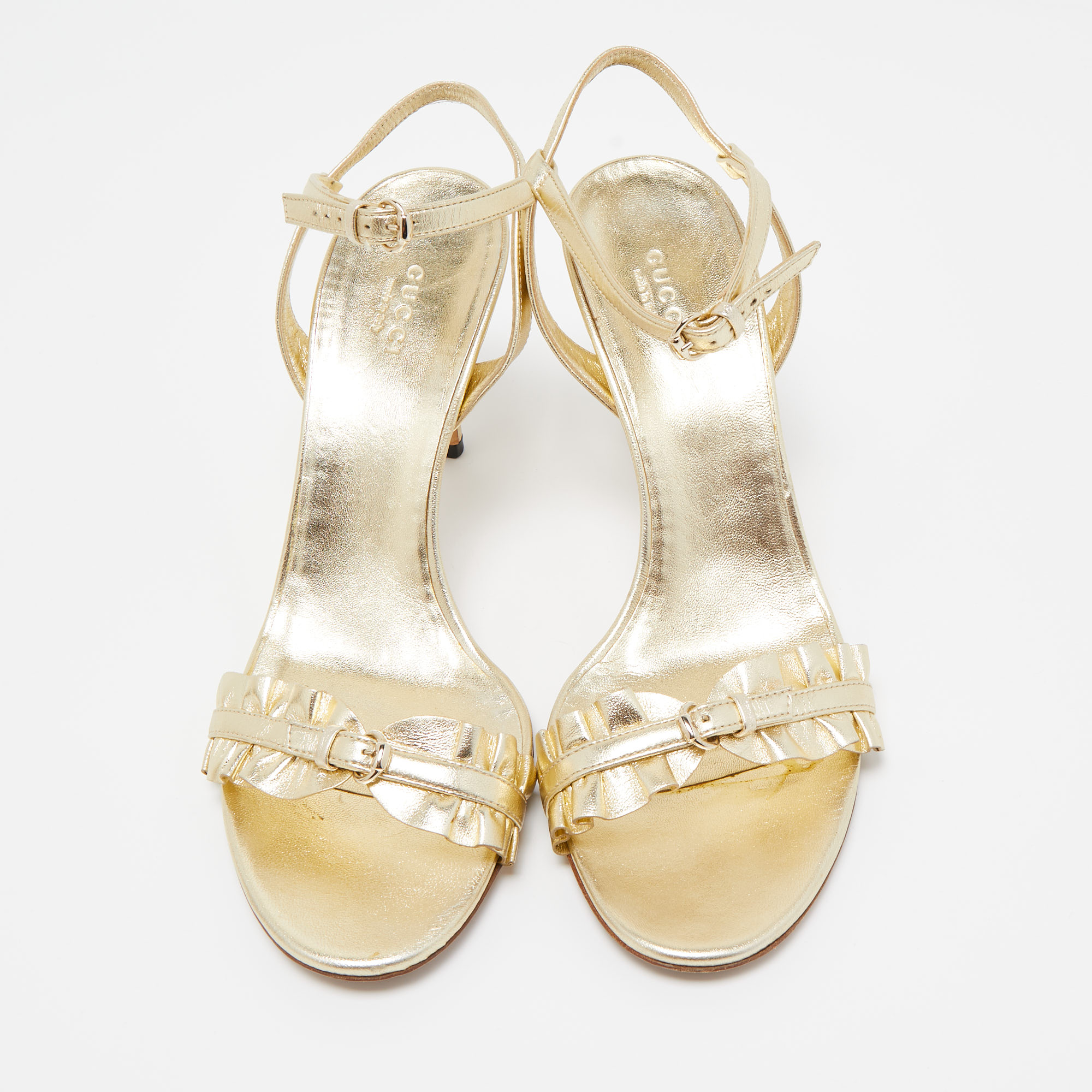 Gucci Gold Ruffled Leather Ankle Strap Sandals Size 39.5
