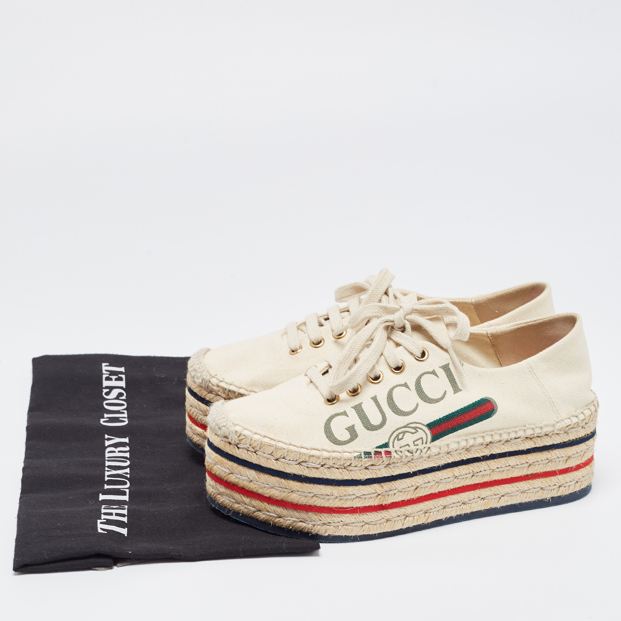 Gucci Cream Canvas Lilibeth Espadrille Platform Sneakers Size 35.5