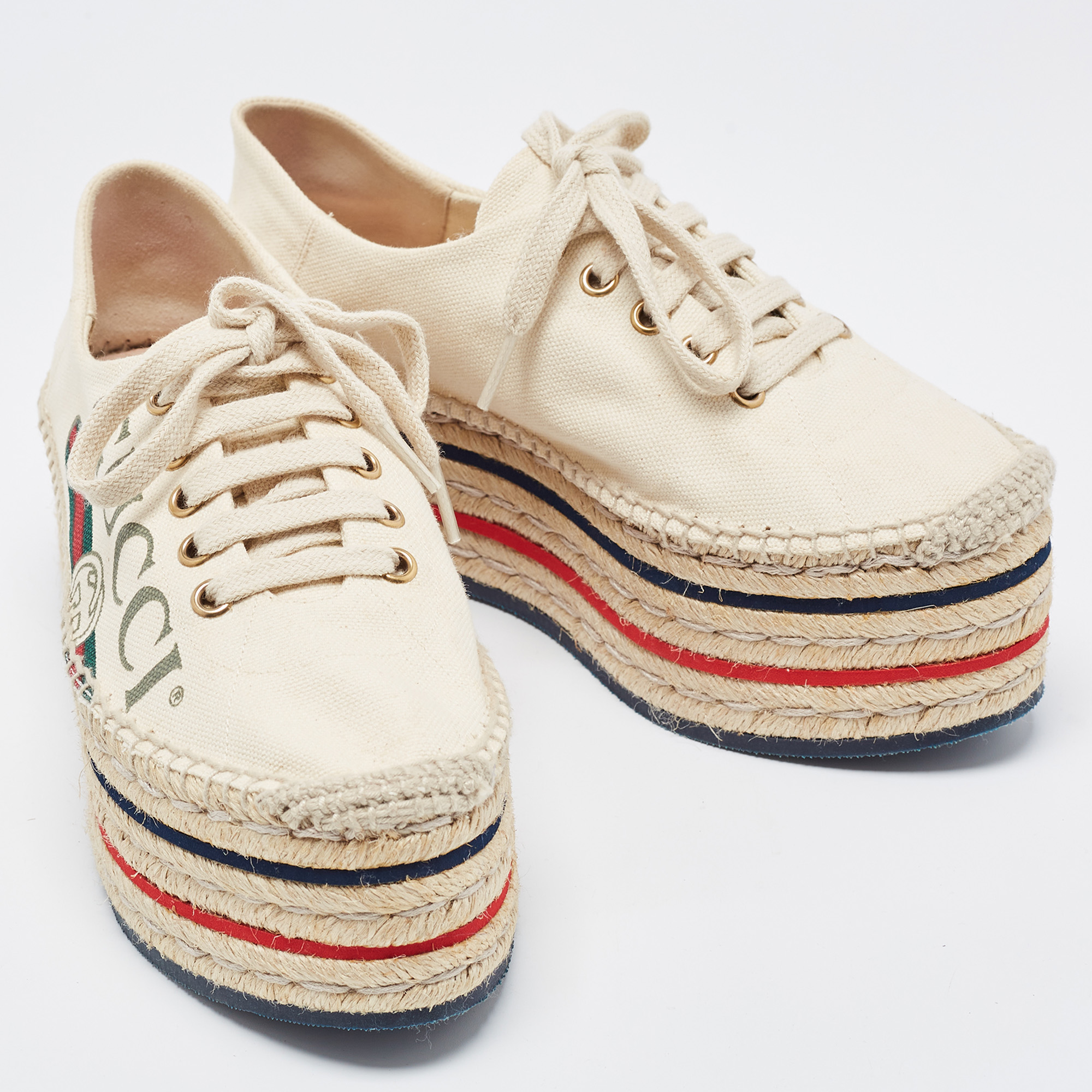 Gucci Cream Canvas Lilibeth Espadrille Platform Sneakers Size 35.5