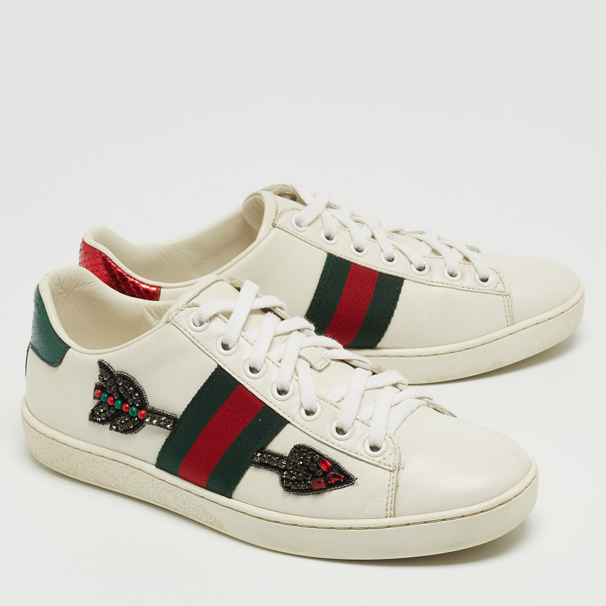 Gucci White Leather Embellished Ace Low Top Sneakers Size 36