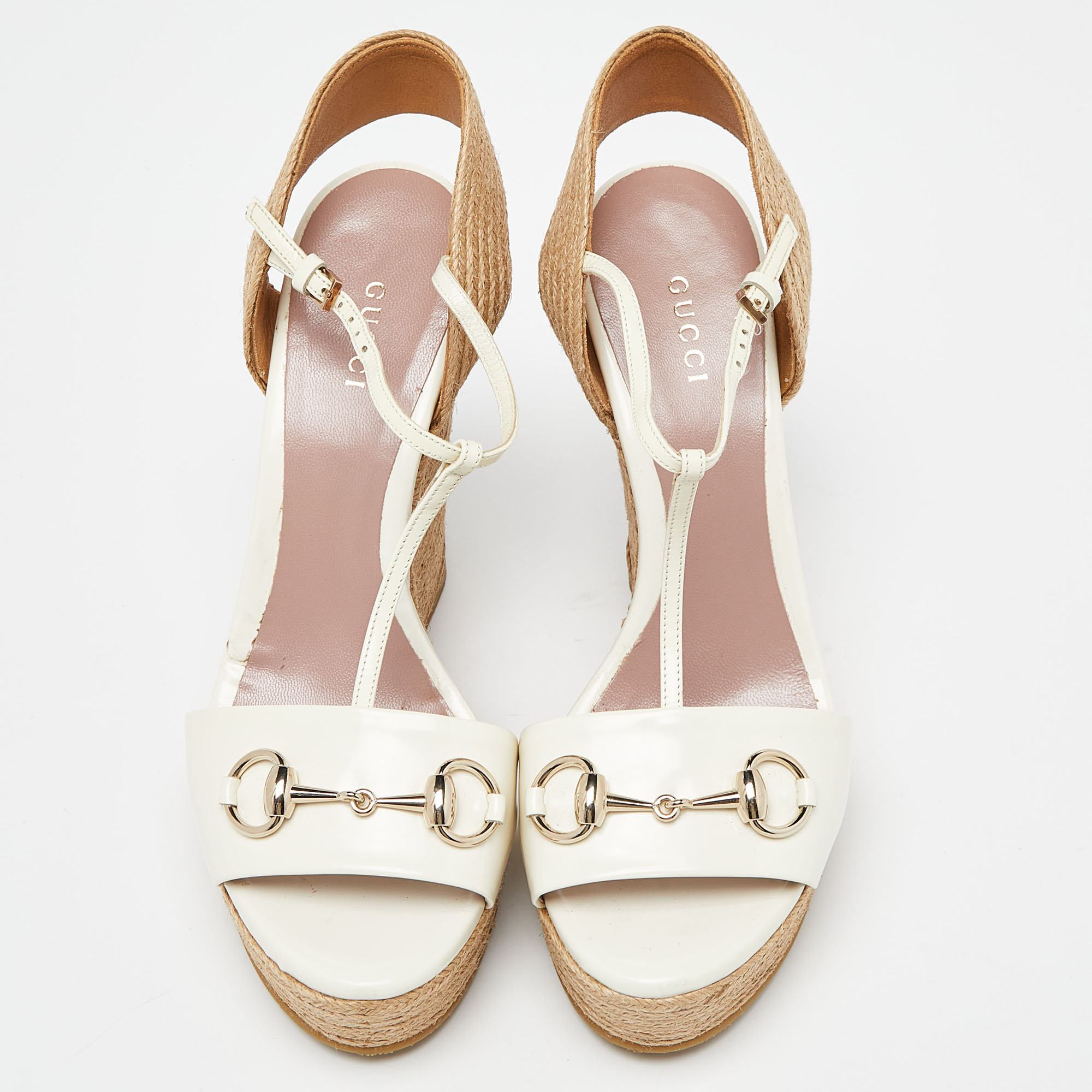 Gucci Off White/Beige Patent Leather Horsebit Wedge Espadrille T- Strap Platform Sandals Size 39.5