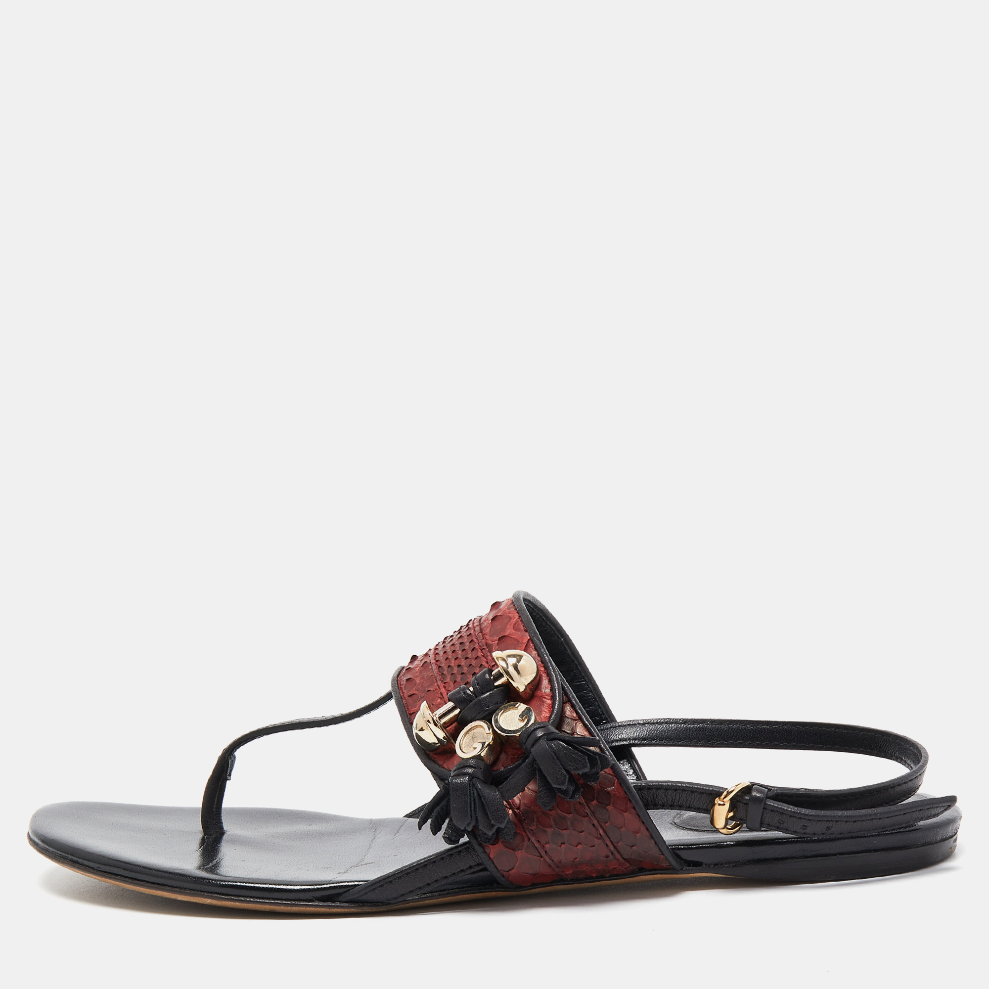 Gucci red/black python and leather thong flat sandals size 37