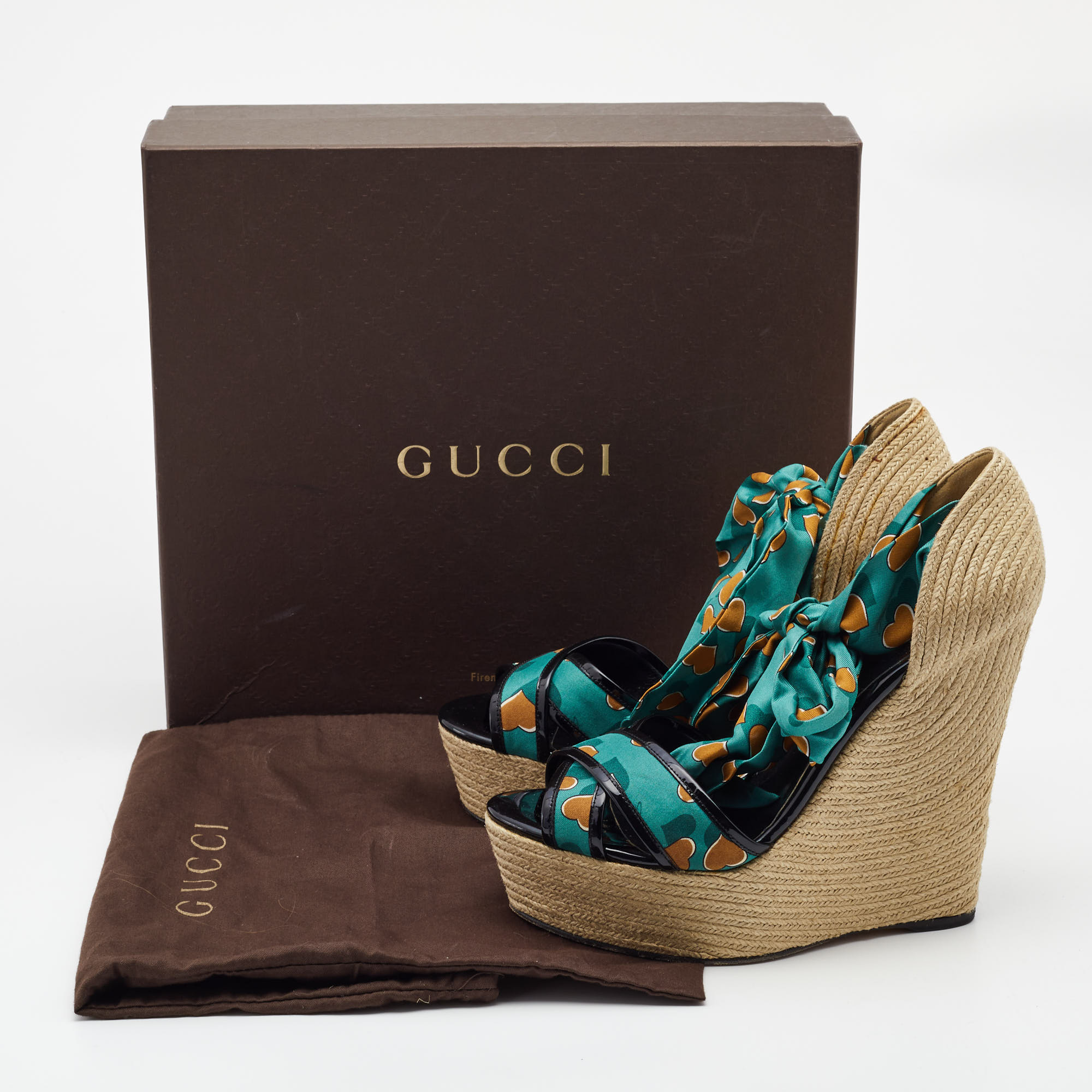 Gucci Multicolor Printed Fabric And Patent Espadrille Wedge Ankle Wrap Sandals Size 41