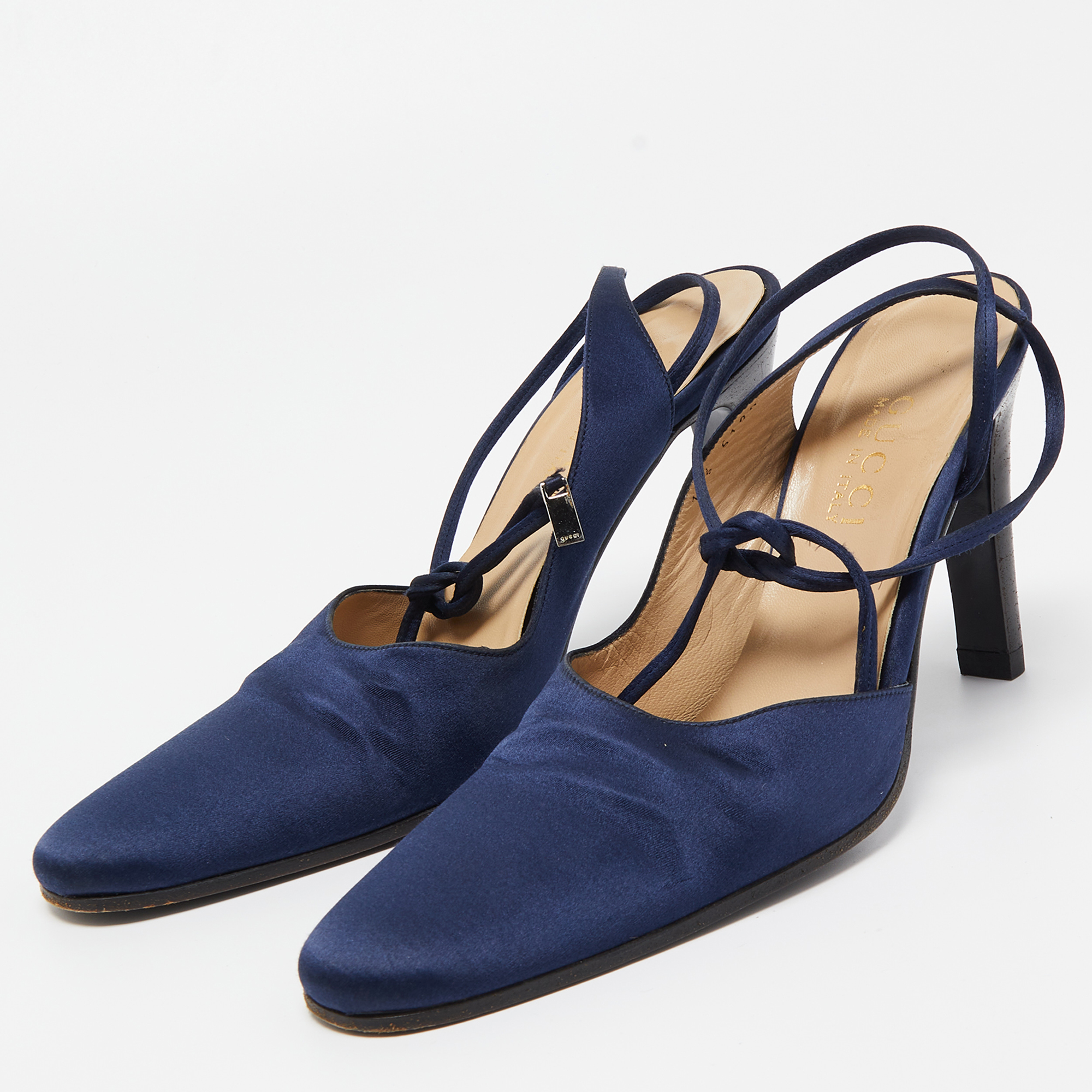 Gucci Navy Blue Satin Ankle Tie Pumps Size 38