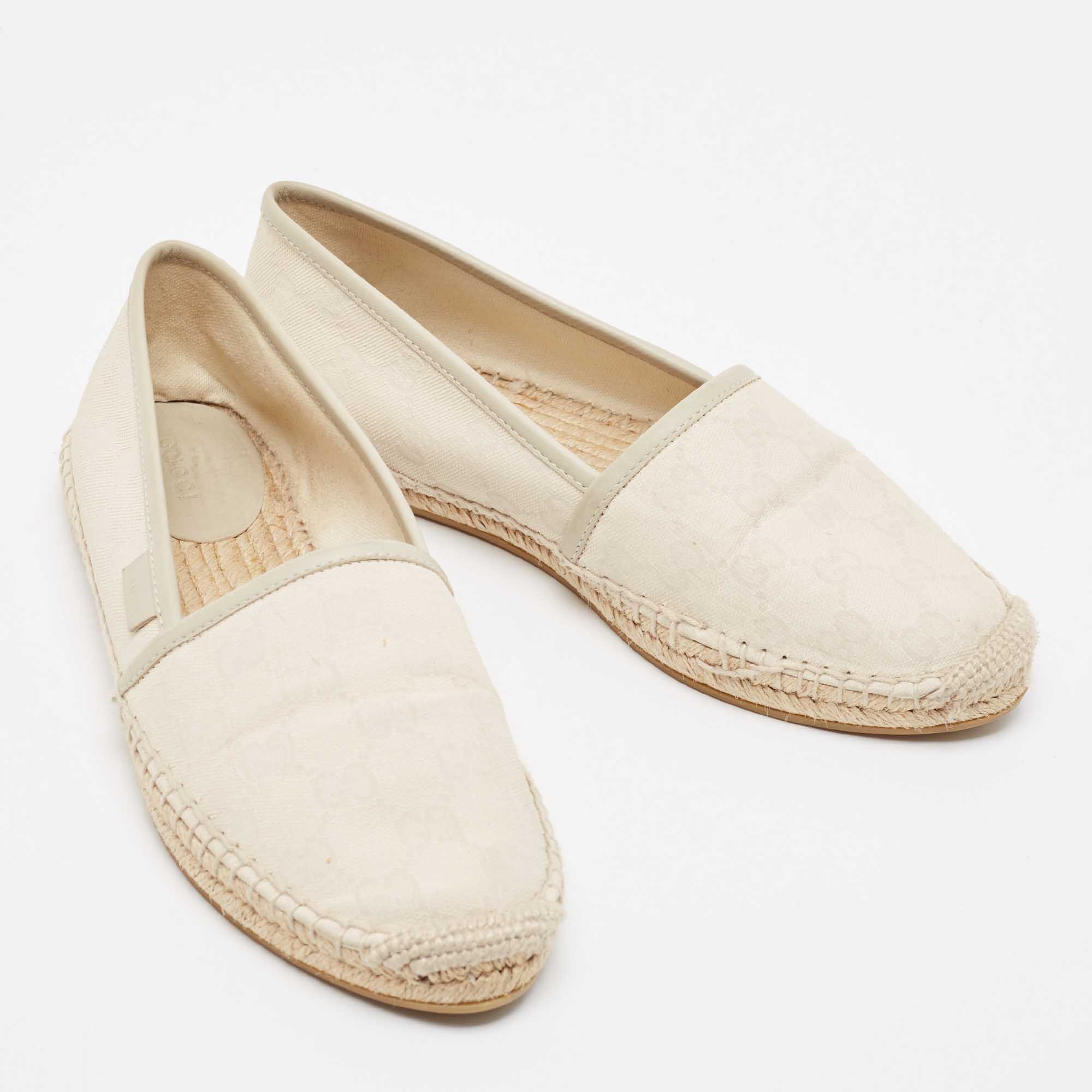 Gucci Cream/Grey GG Canvas And Leather Espadrilles Flats Size 38.5