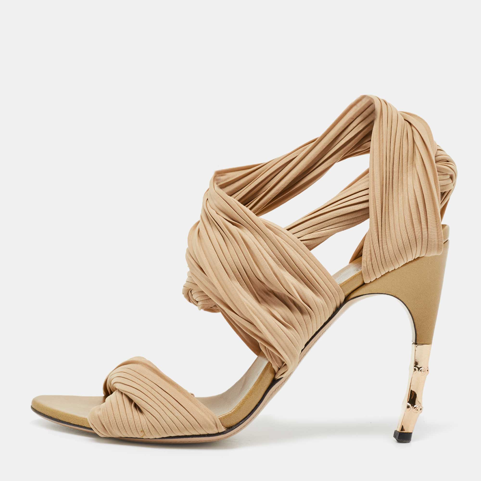 Gucci Nude Fabric Pleated Strap Bamboo Heel Mule Sandals Size 38.5