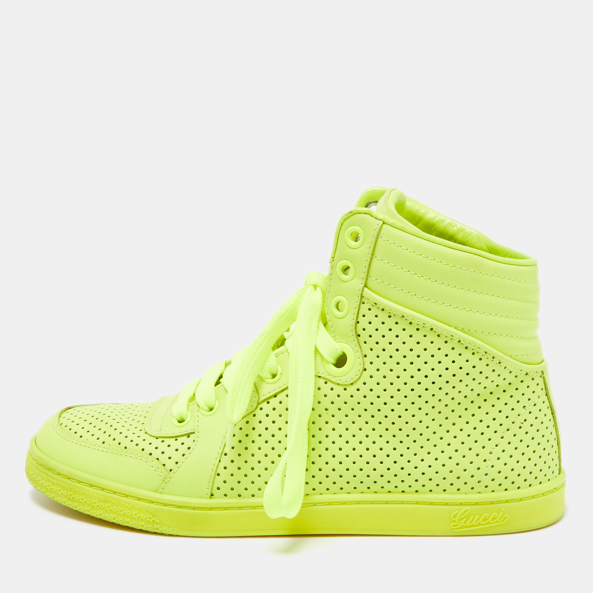Gucci Neon Green Leather High Top Sneakers Size 35.5