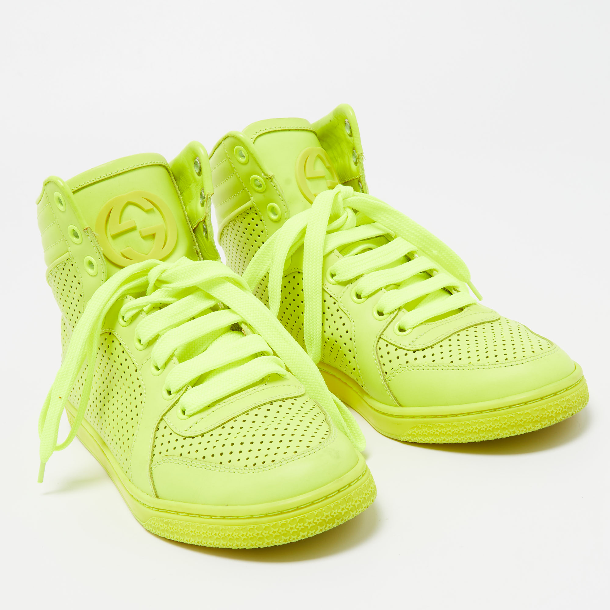 Gucci Neon Green Leather High Top Sneakers Size 35.5