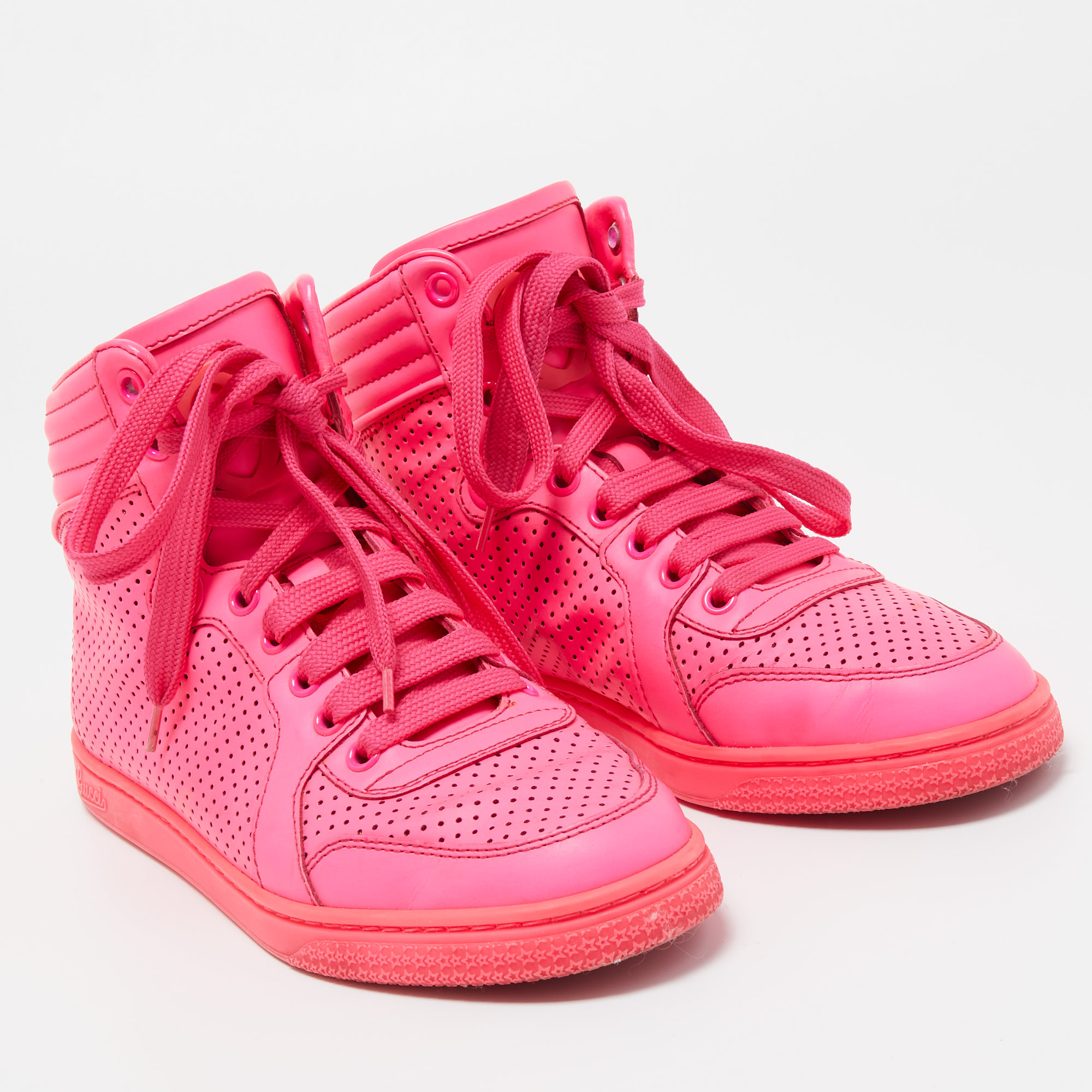 Gucci Neon Pink Perforated Leather Coda High Top Sneakers Size 35.5