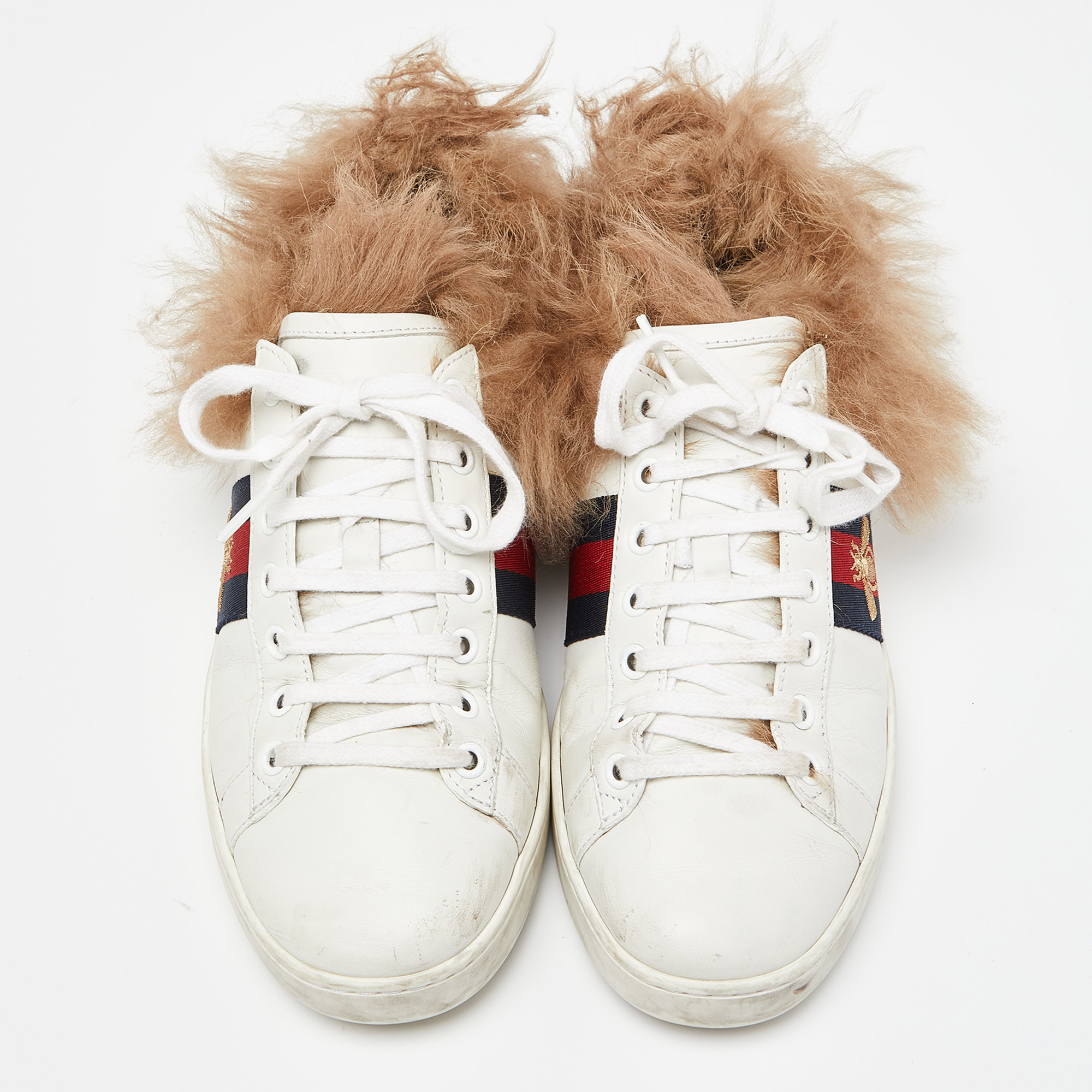 Gucci White Leather And Fur Embroidered Bee Ace Sneakers Size 38.5