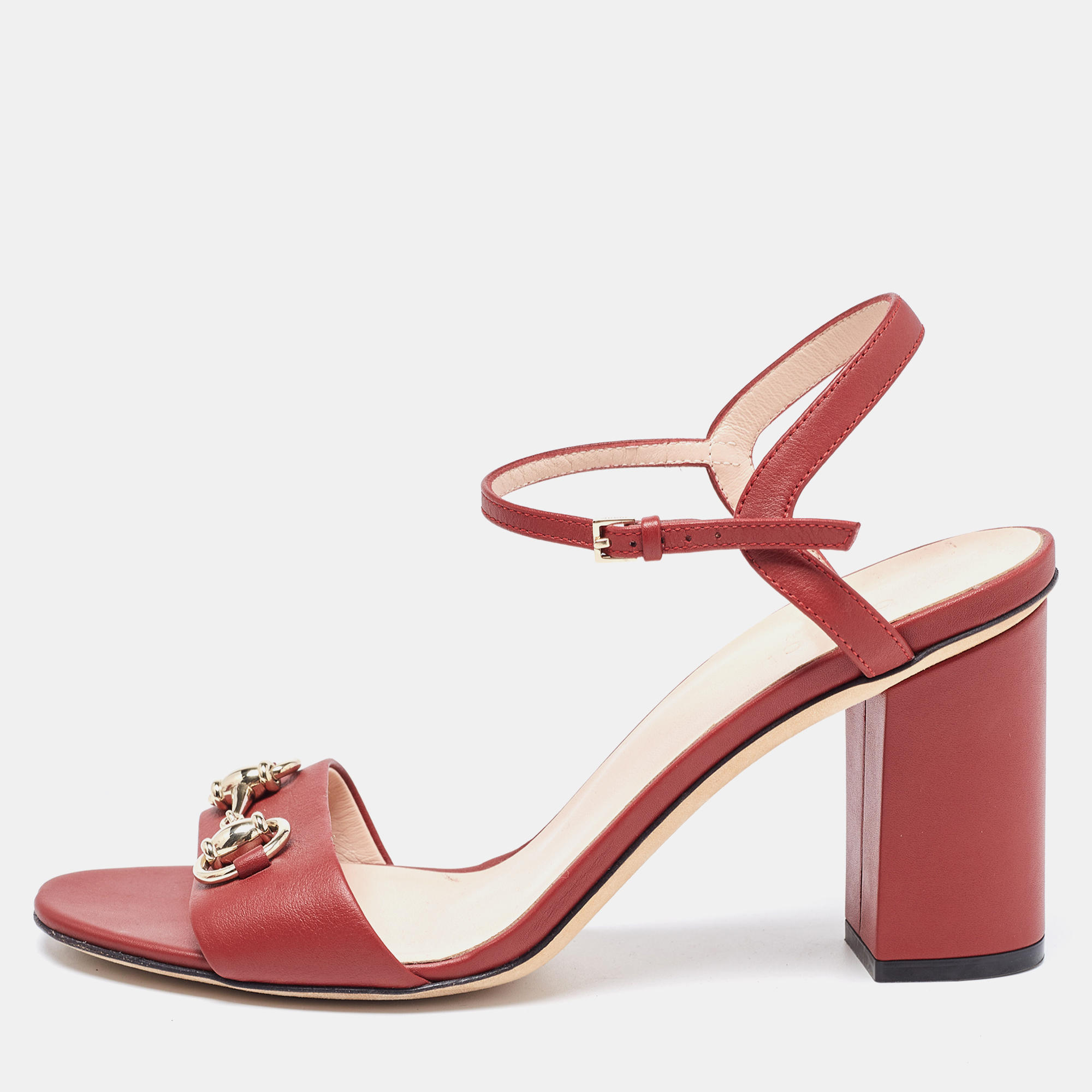 Gucci Red Leather Claudie Ankle Strap Sandals Size 38.5