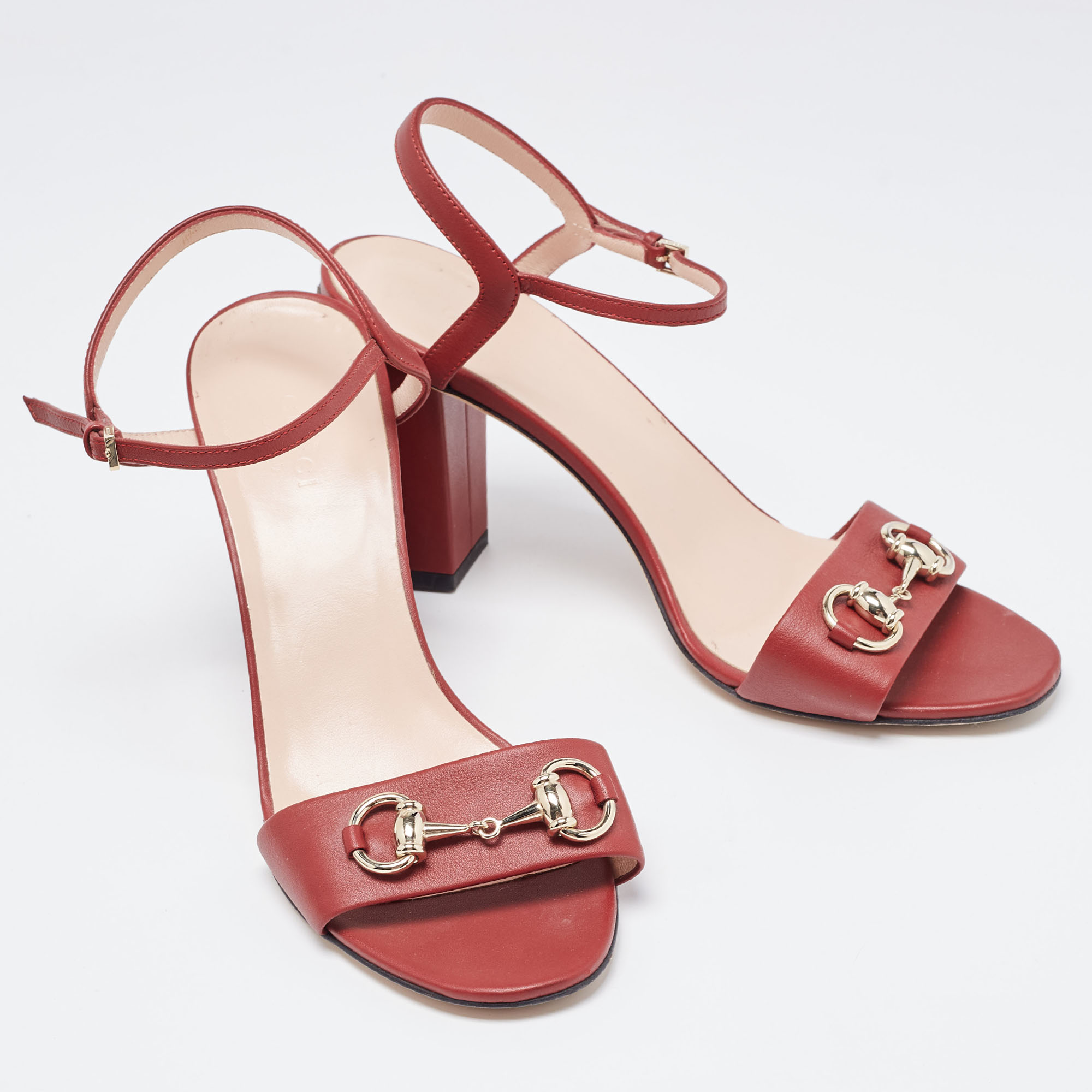 Gucci Red Leather Claudie Ankle Strap Sandals Size 38.5