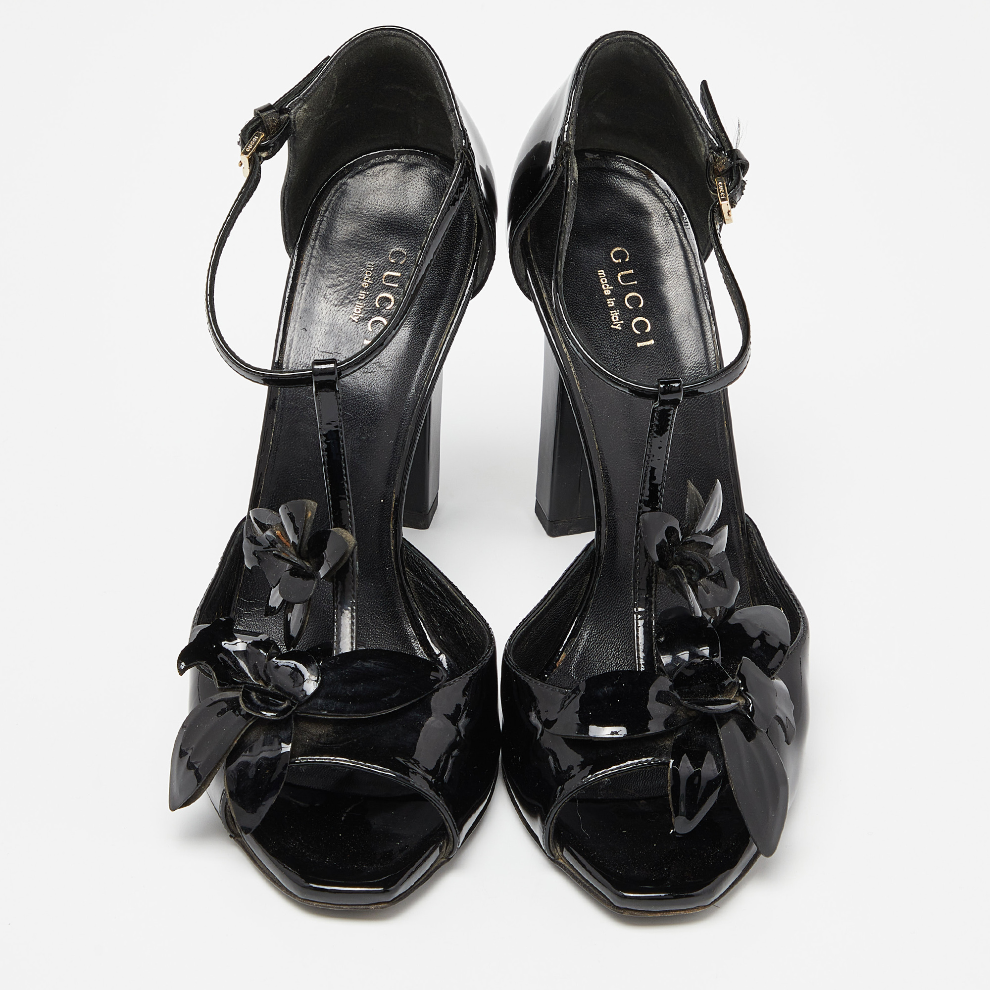 Gucci Black Patent Leather Applique T Strap Sandals Size 36.5