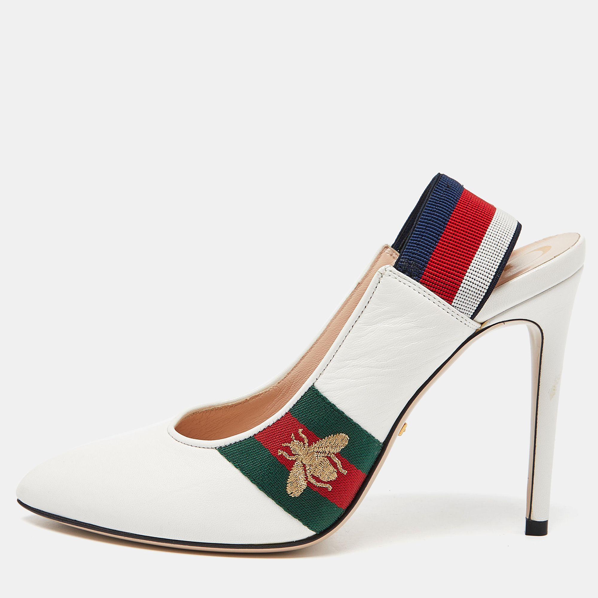 Gucci White Leather Sylvie Web Bee Slingback Pumps Size 37