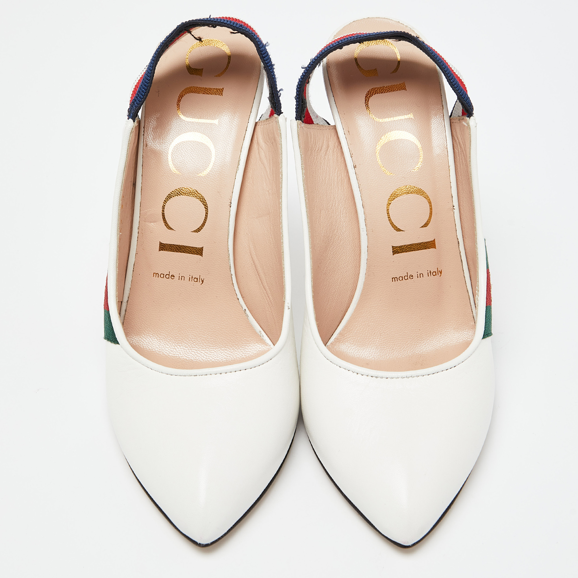 Gucci White Leather Sylvie Web Bee Slingback Pumps Size 37