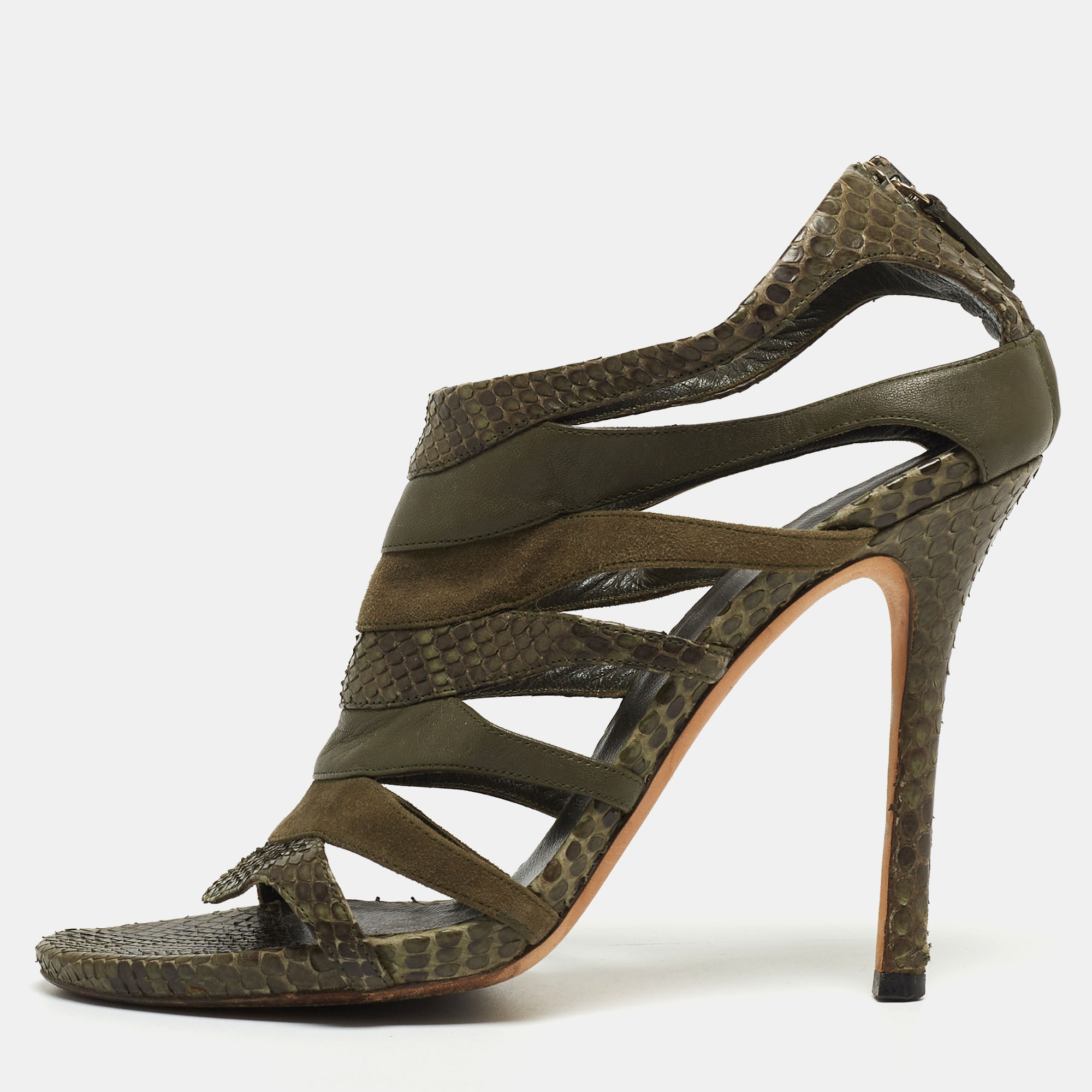 Gucci green python and suede ankle strap sandals size 38