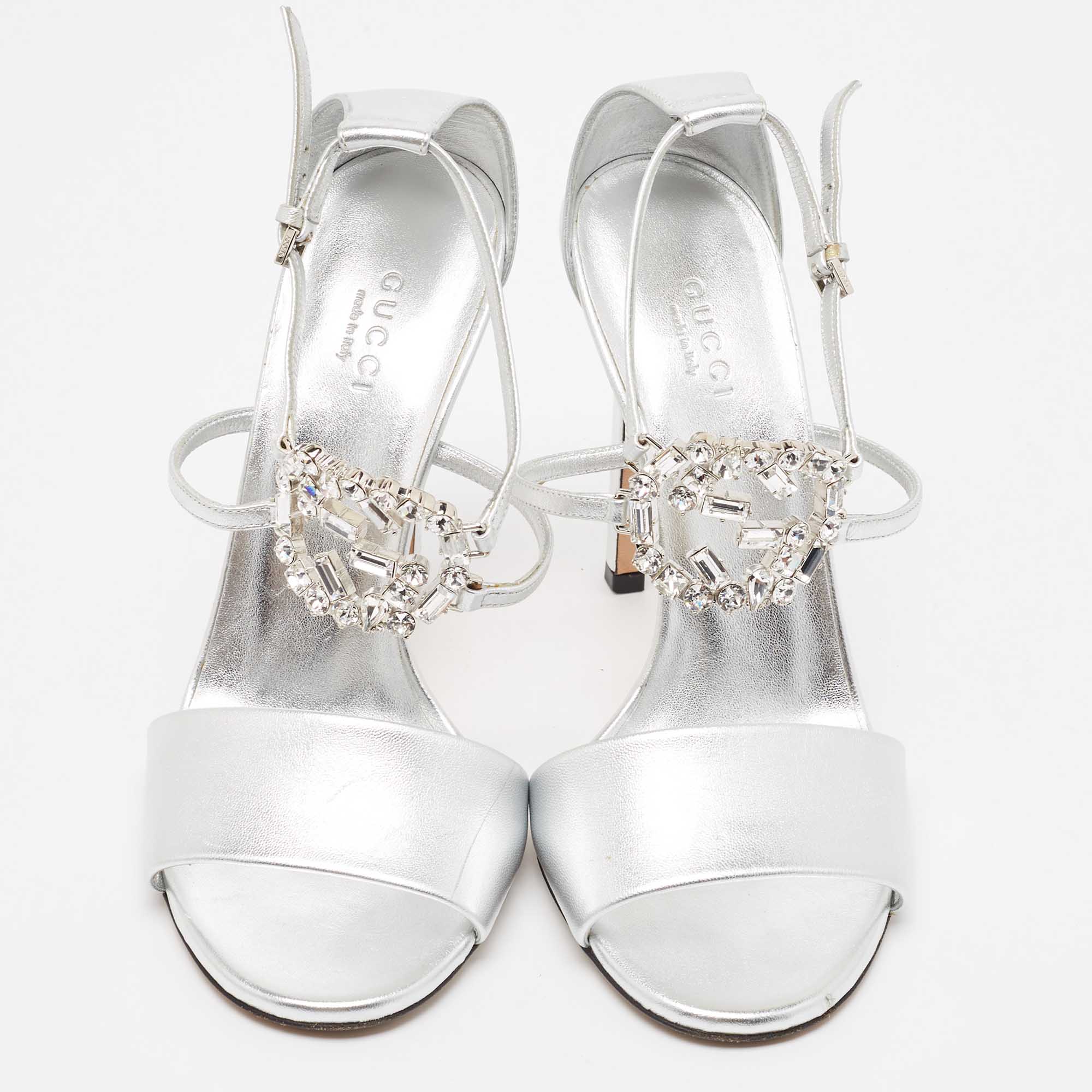Gucci Silver Leather Crystal Embellished GG Logo Ankle Strap Sandals Size 37