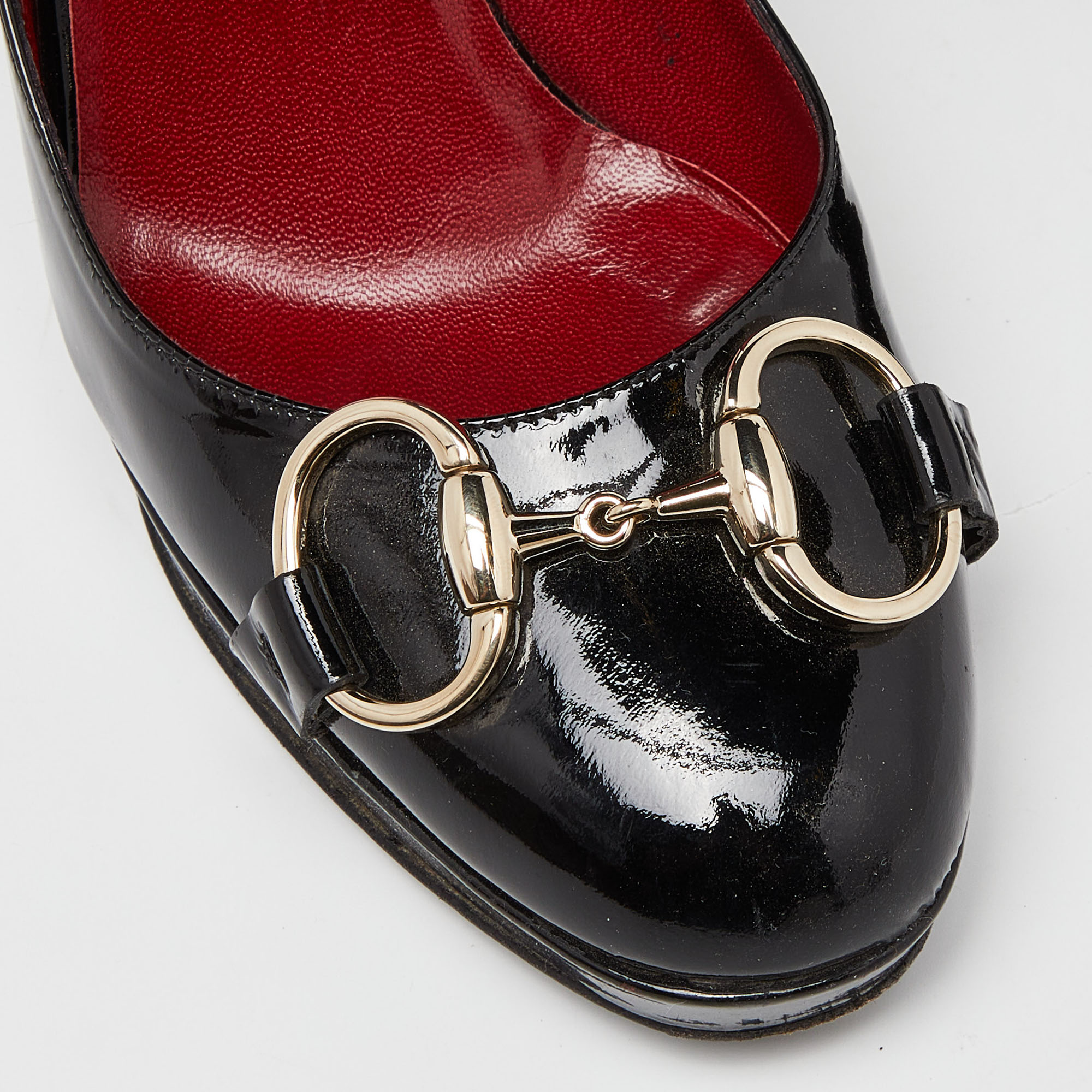 Gucci Black Patent Leather Horsebit Ankle Strap Pumps Size 35.5
