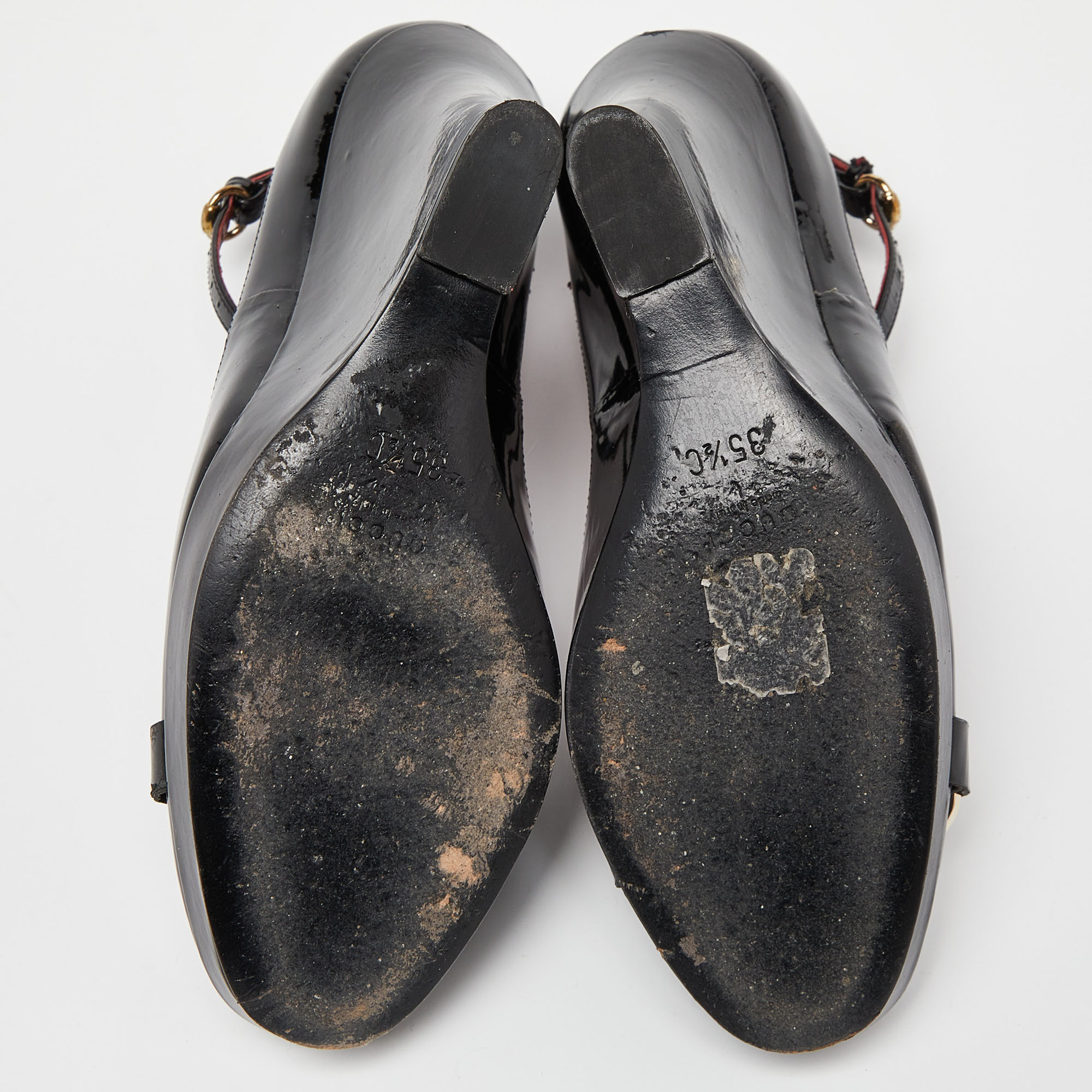 Gucci Black Patent Leather Horsebit Ankle Strap Pumps Size 35.5