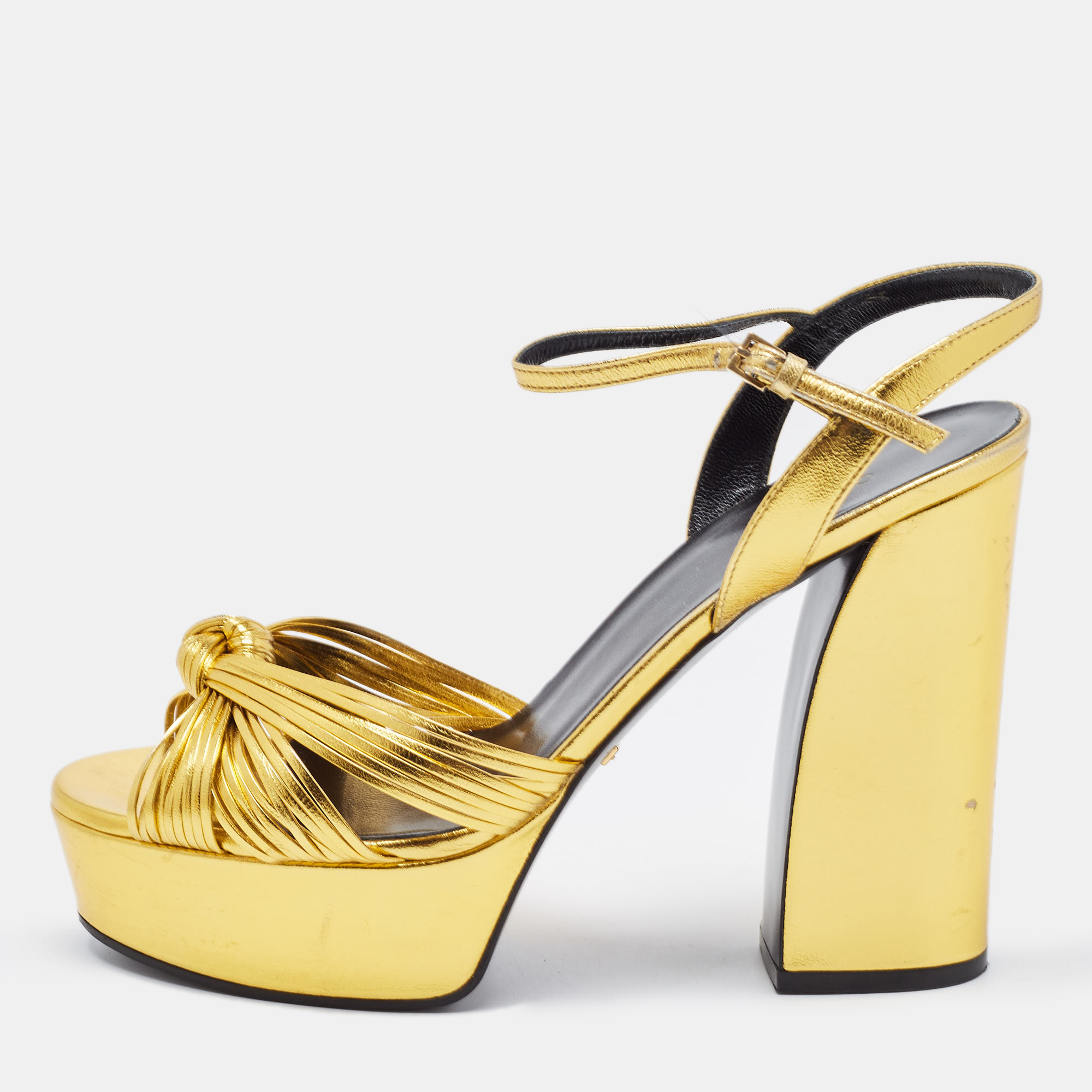 Gucci Gold Leather Allie Knotted Platform Ankle Strap Sandals Size 38