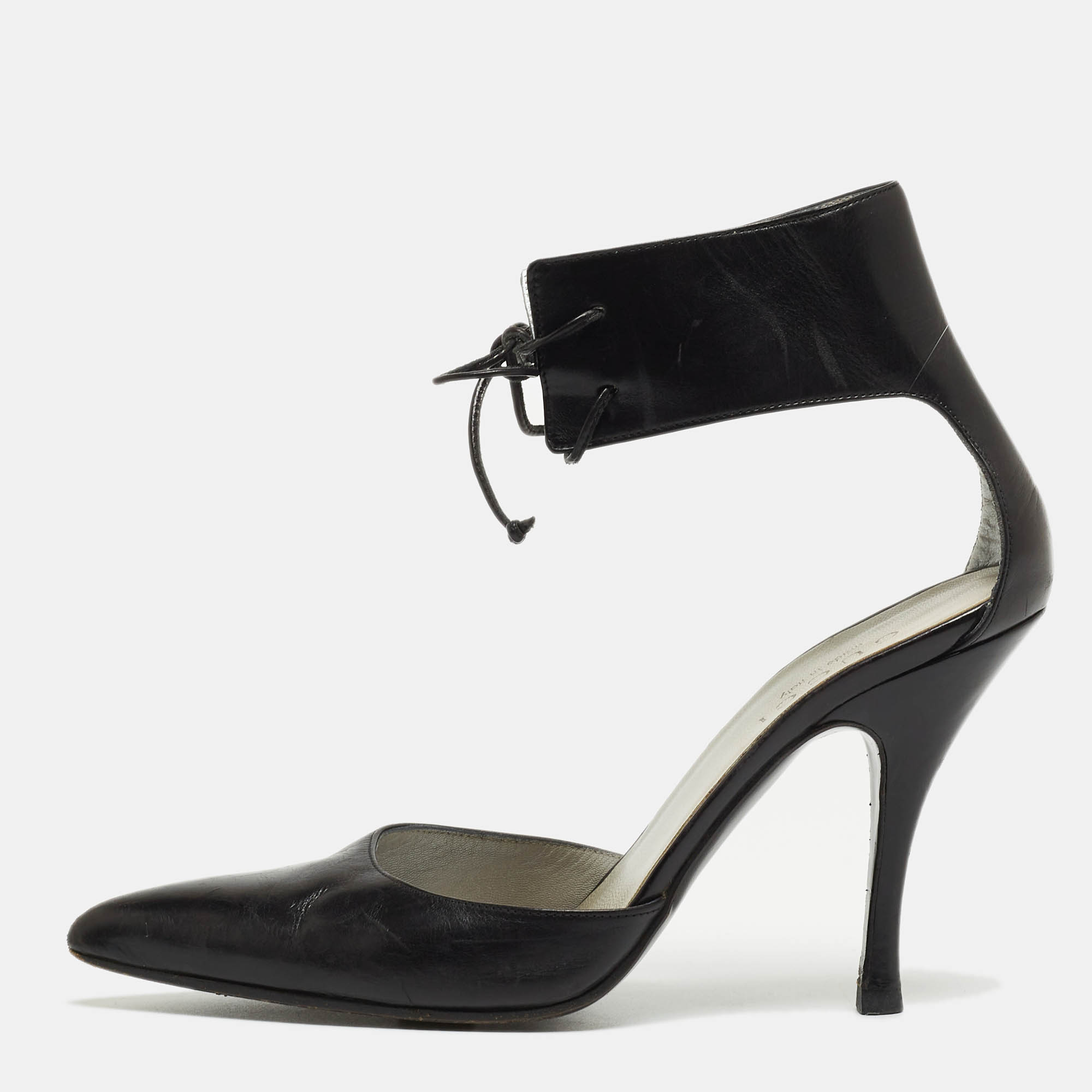 Gucci black leather ankle tie pumps size 37.5