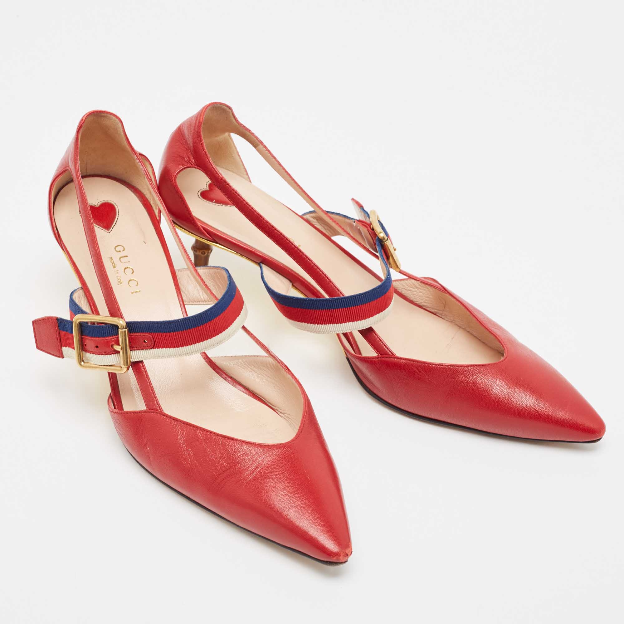 Gucci Red Leather Sylvie Buckle Pointed Toe Pumps Size 38