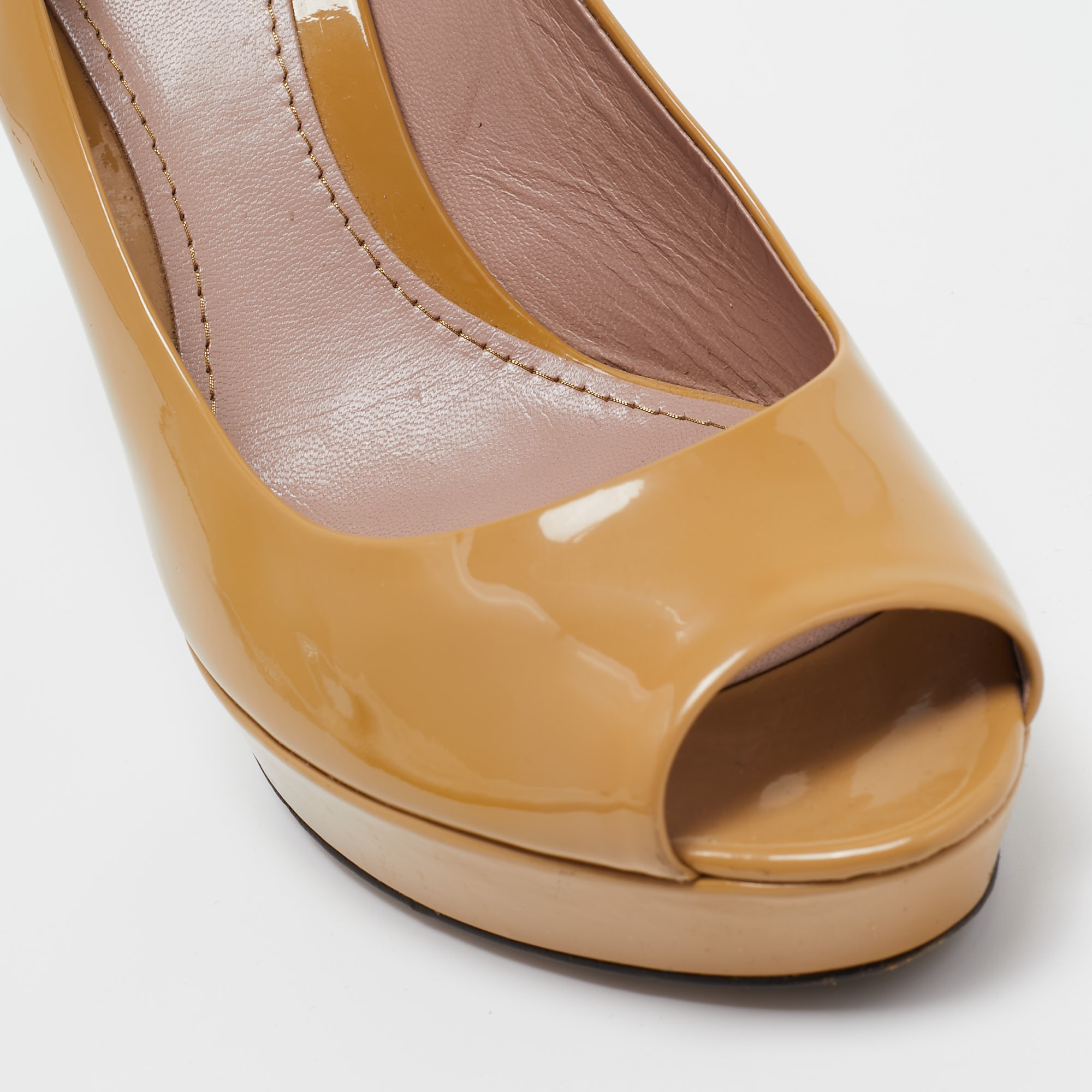 Gucci Brown Patent Leather Peep Toe Platform Pumps Size 39