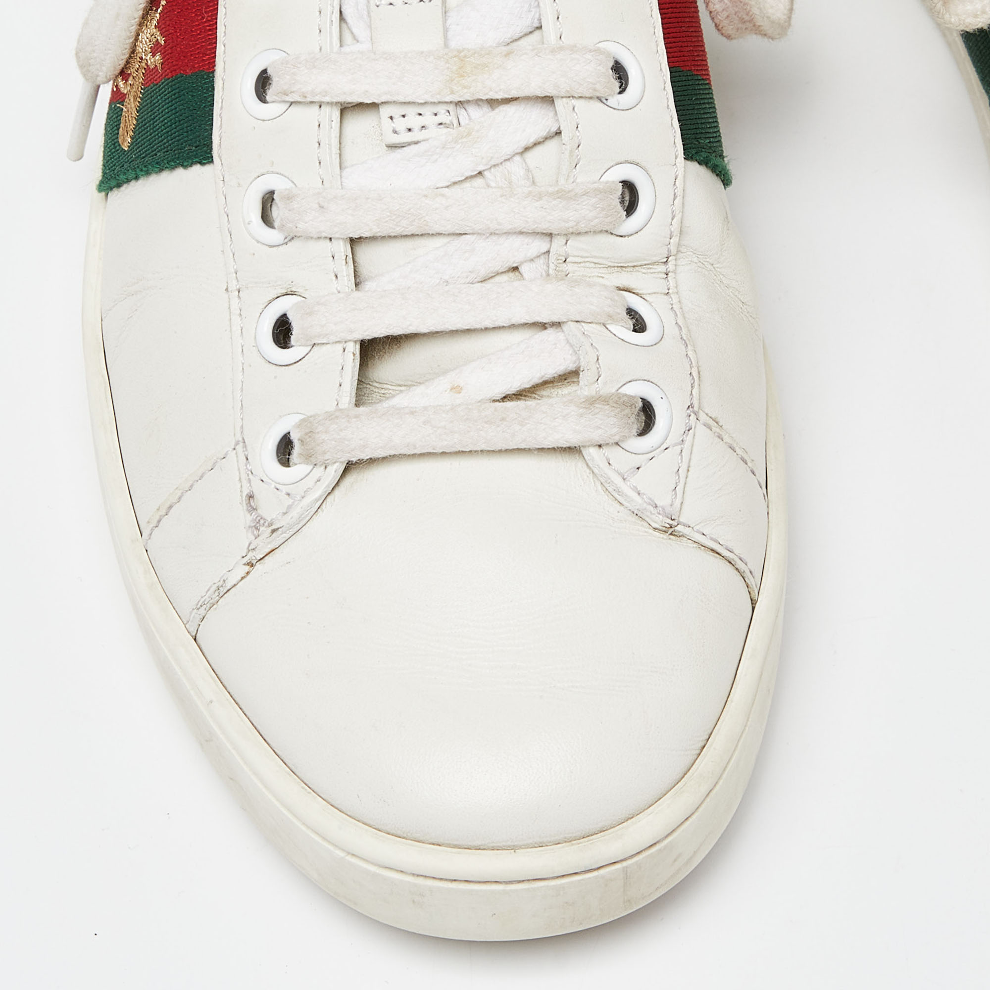 Gucci White Leather Web Detail Bee Embroidered Ace Low Top Sneakers Size 36.5