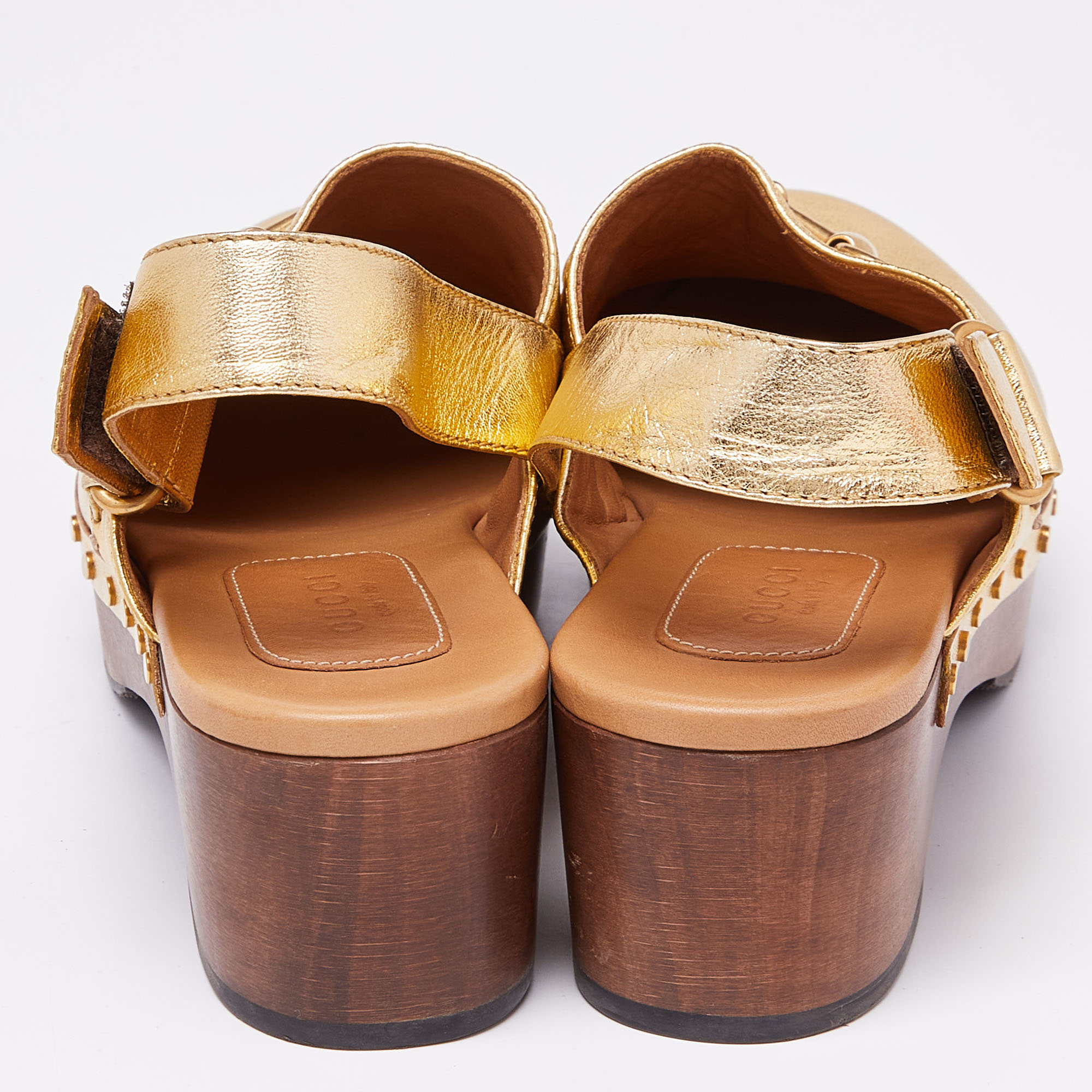 Gucci Gold Leather Amstel Horsebit Slingback Clog Sandals Size 38