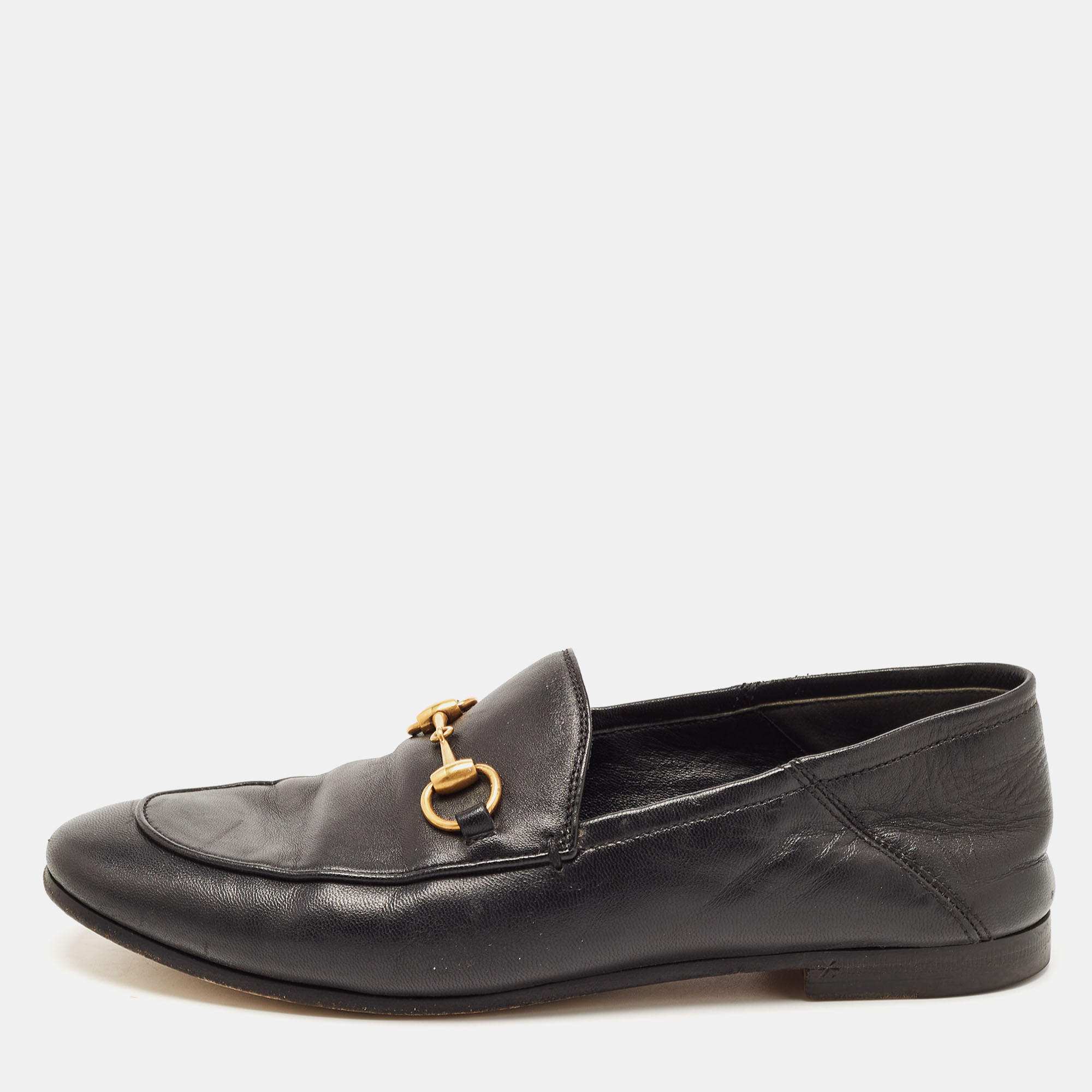 Gucci black leather jordaan horsebit slip on loafers size 35.5