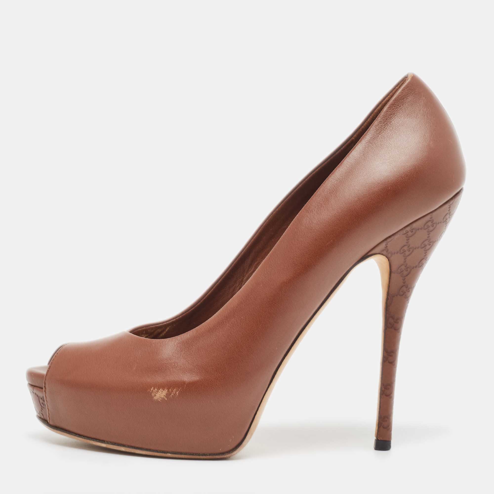 Gucci brown leather platform peep toe pumps size 38.5