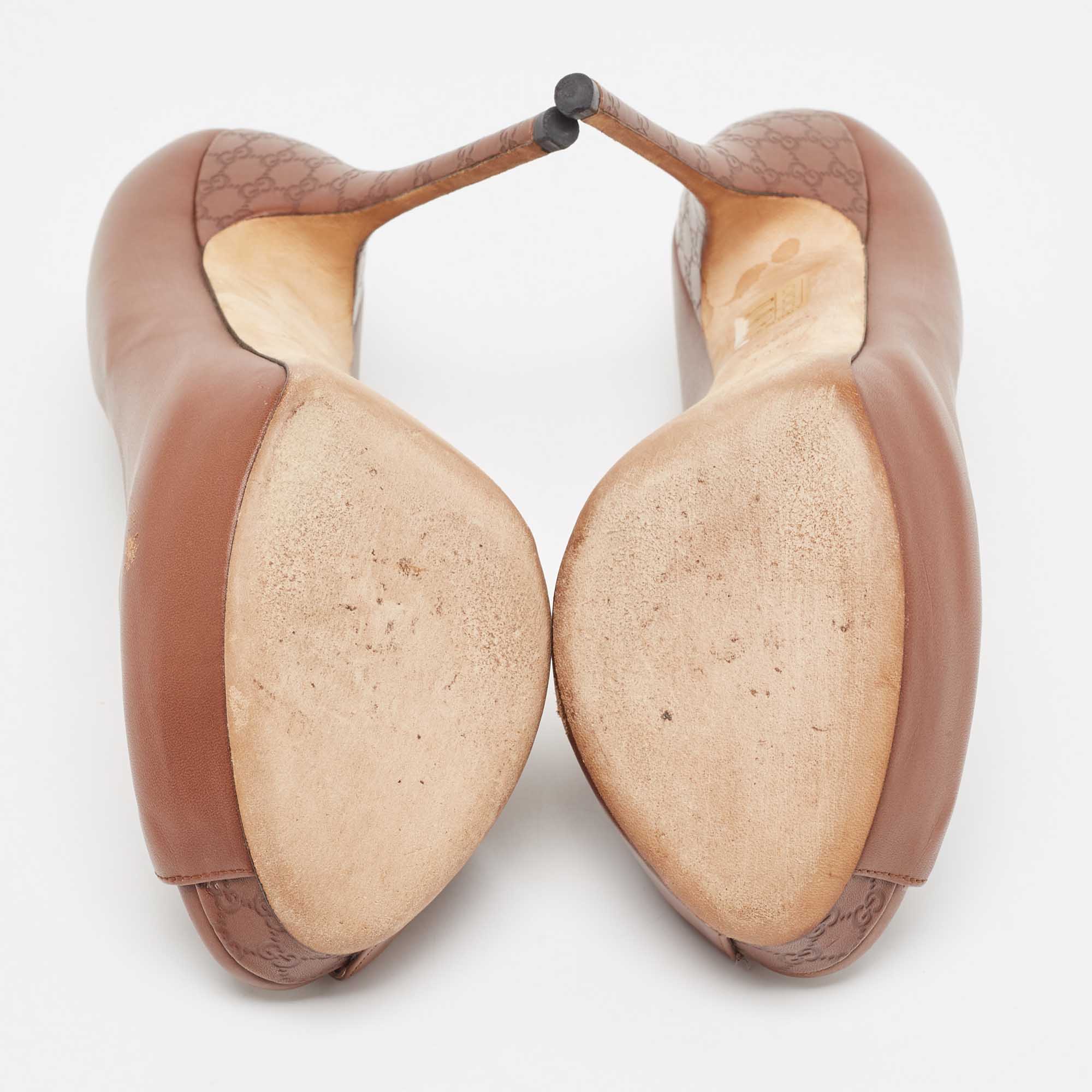 Gucci Brown Leather Platform Peep Toe Pumps Size 38.5