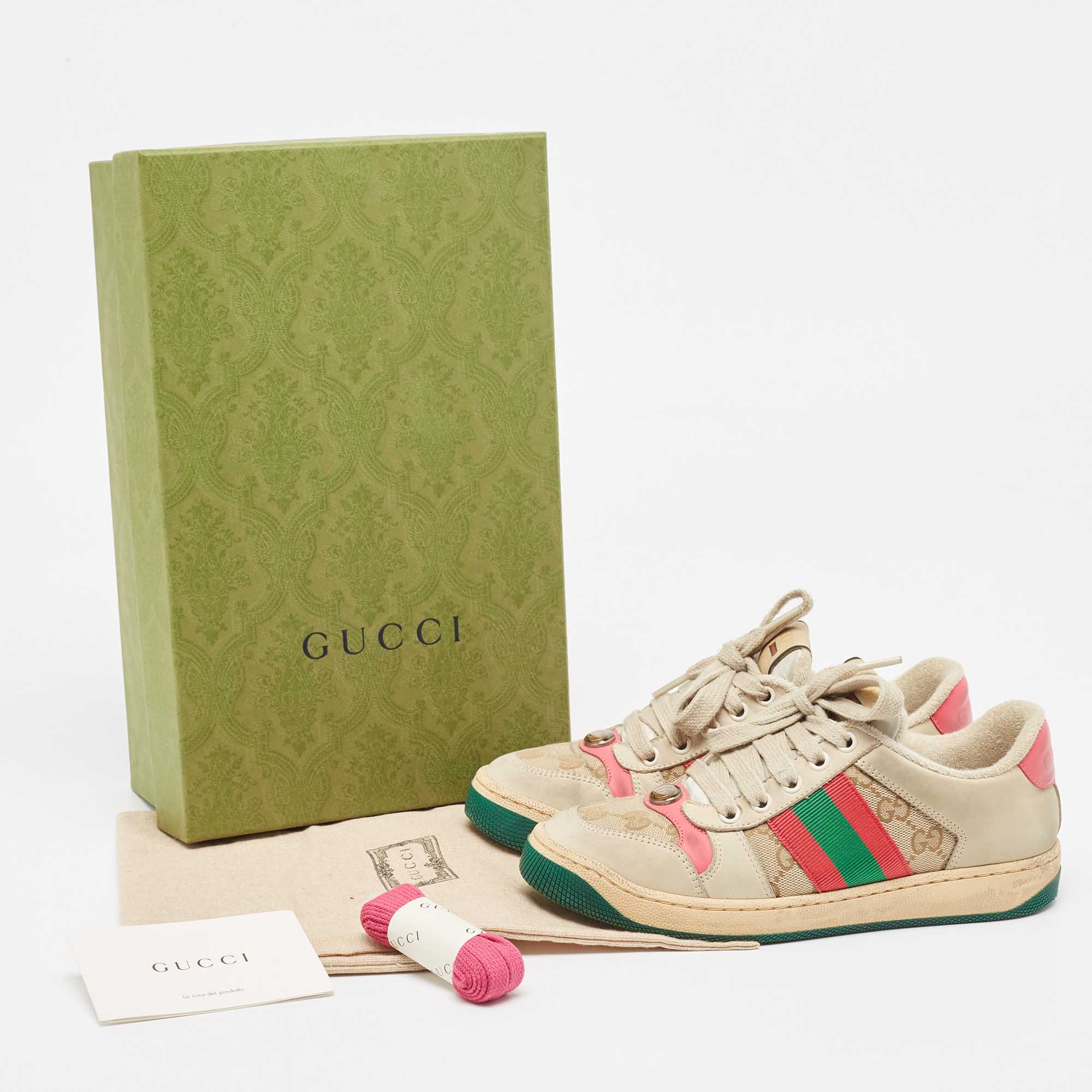 Gucci Grey/Pink Nubuck Leather Screener Sneakers Size 34