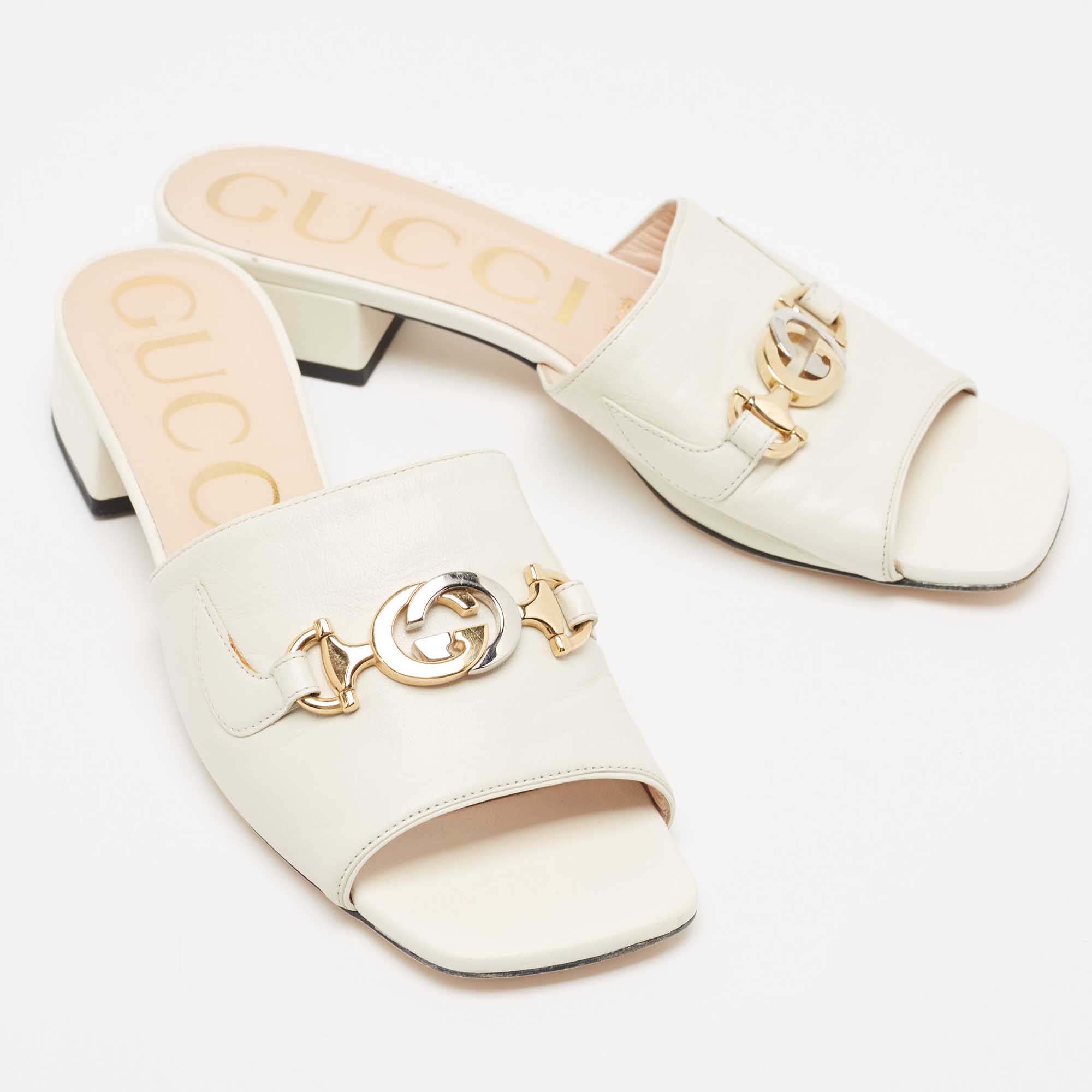 Gucci Off White Leather Zumi Slide Sandals Size 37