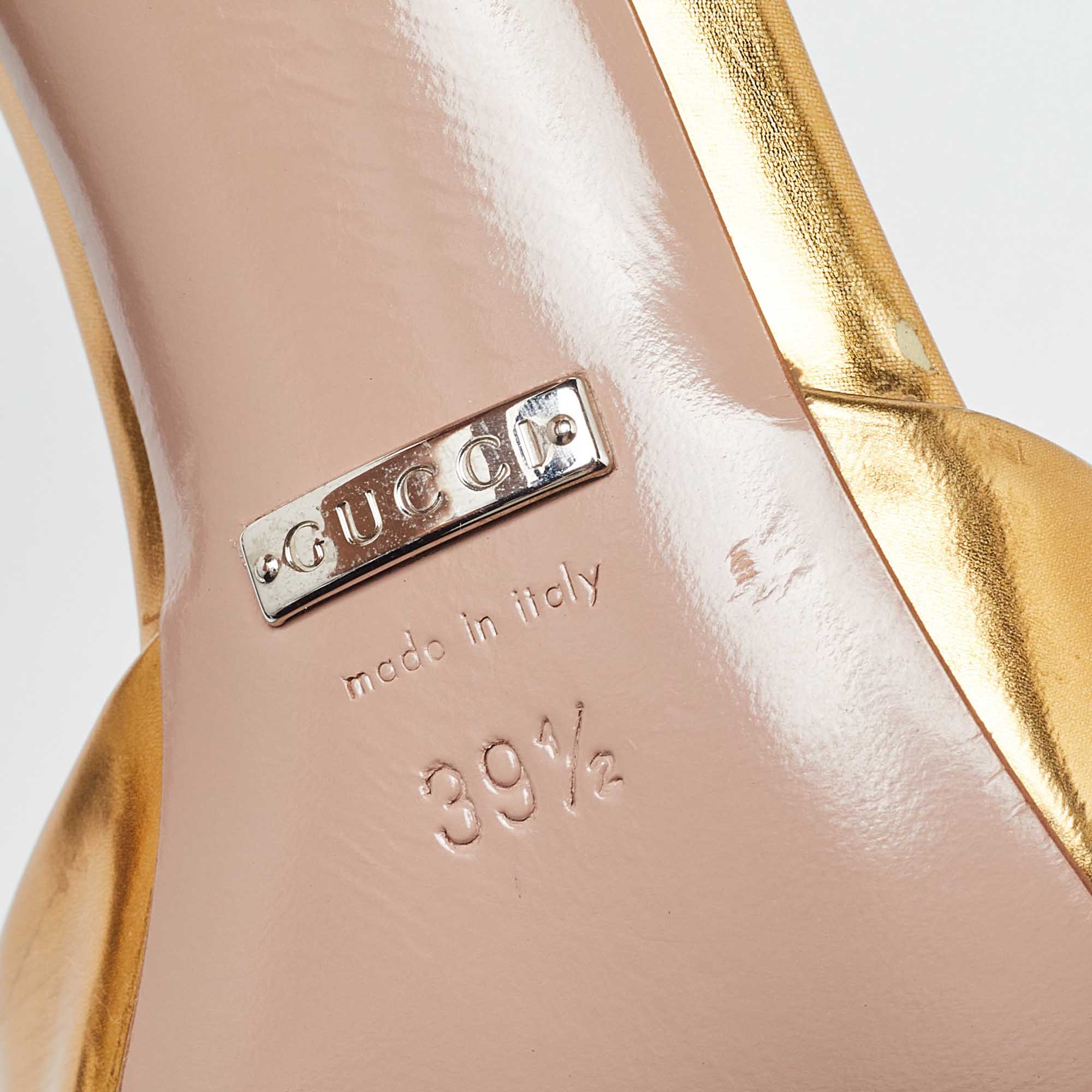 Gucci Gold Patent Leather Coline T Strap Pumps Size 39.5