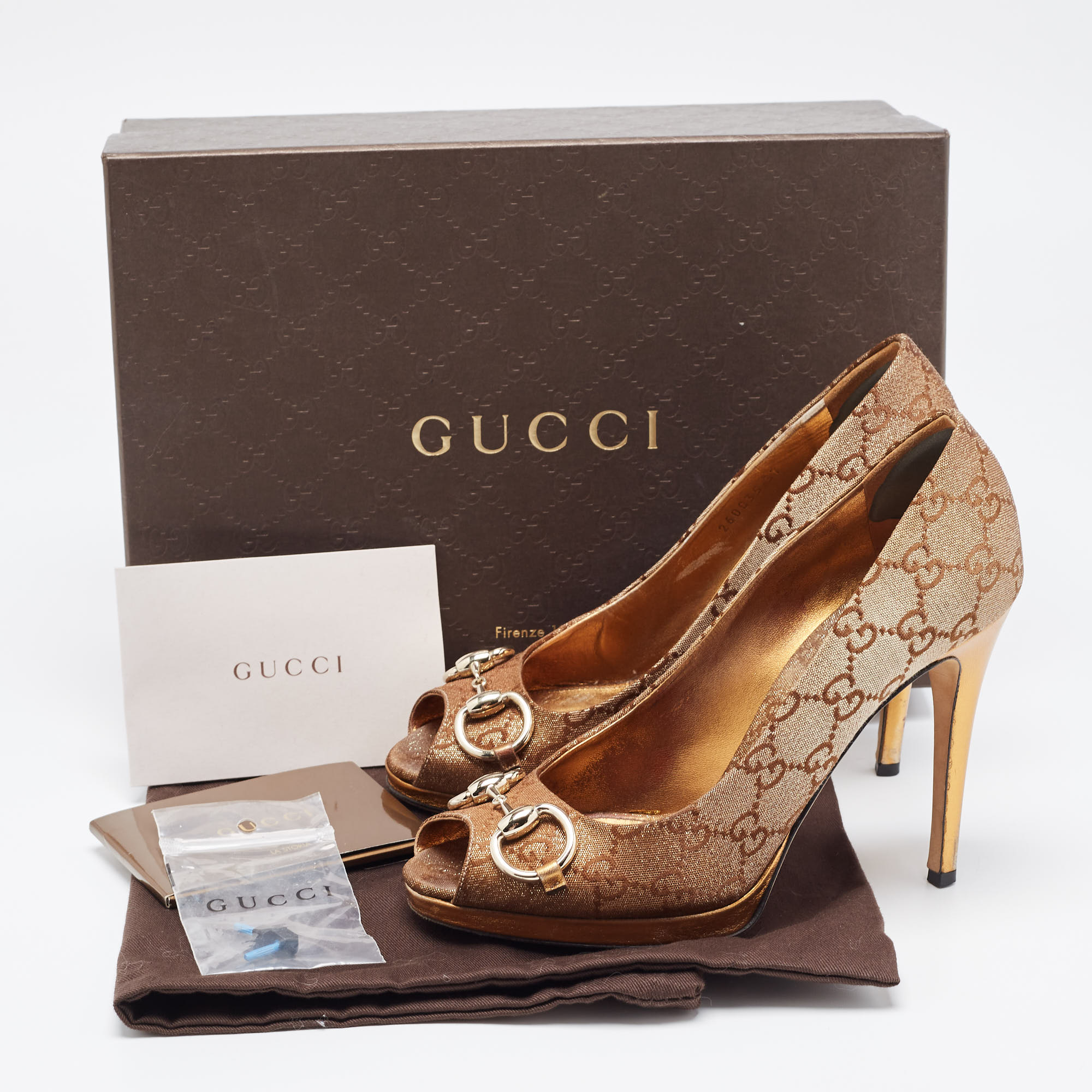 Gucci Bronze GG Canvas And Leather New Hollywood Horsebit Peep Toe Pumps Size 37