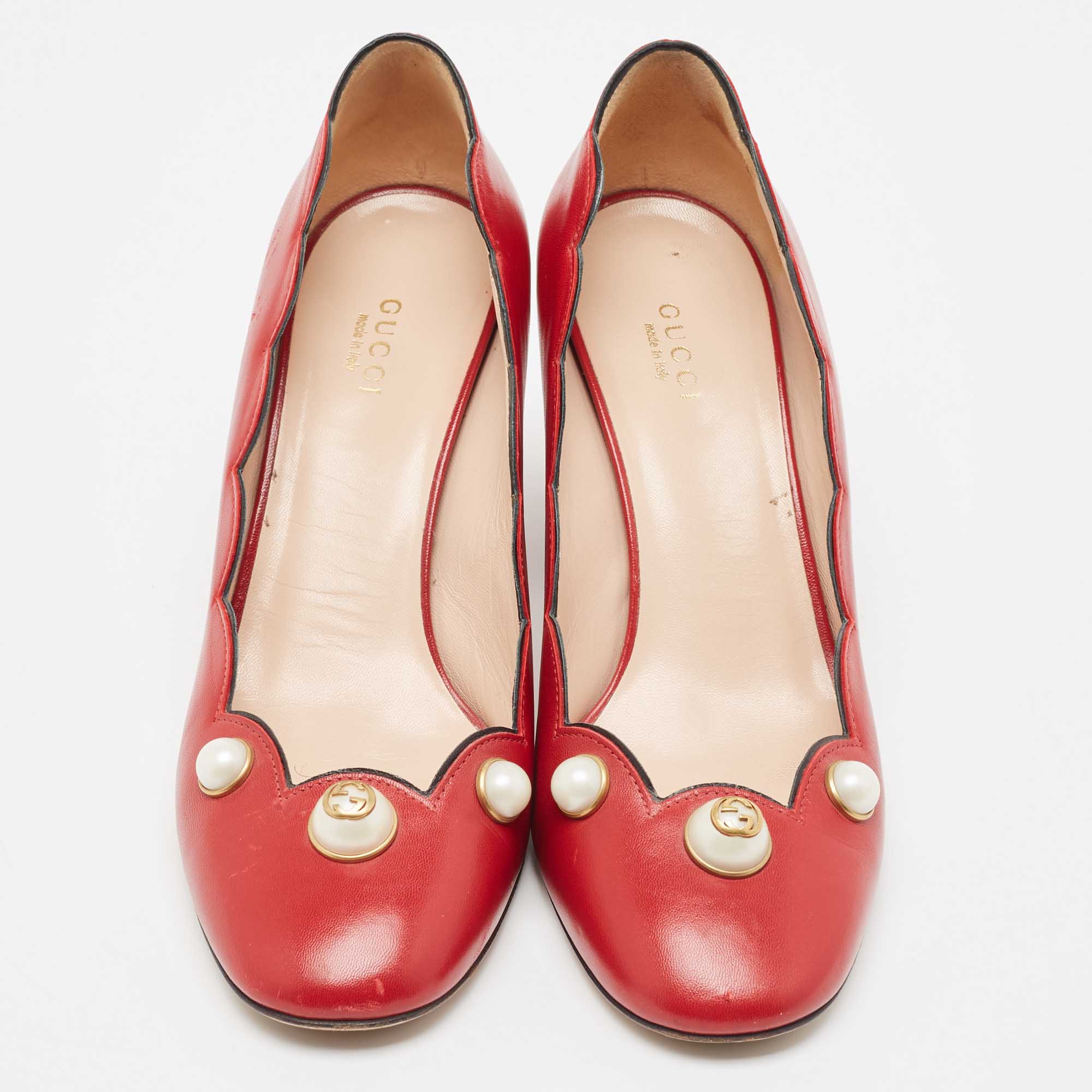 Gucci Red Leather Willow Faux Pearl Block Heel Pumps Size 38