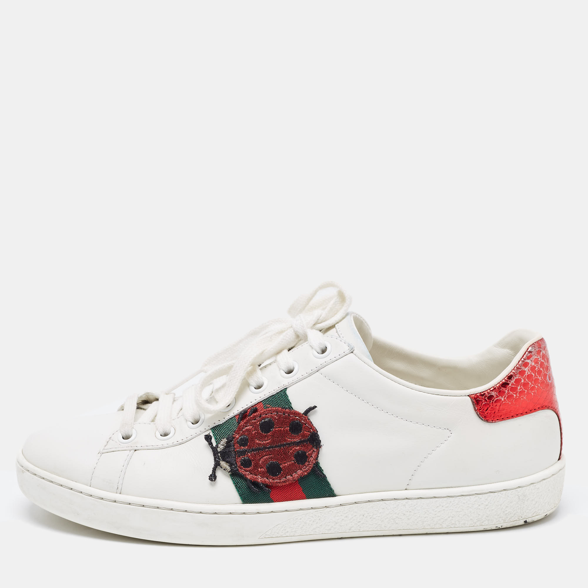 Gucci White/Red Leather And Snake Embossed Leather Ace Pineapple Sneakers Size 38