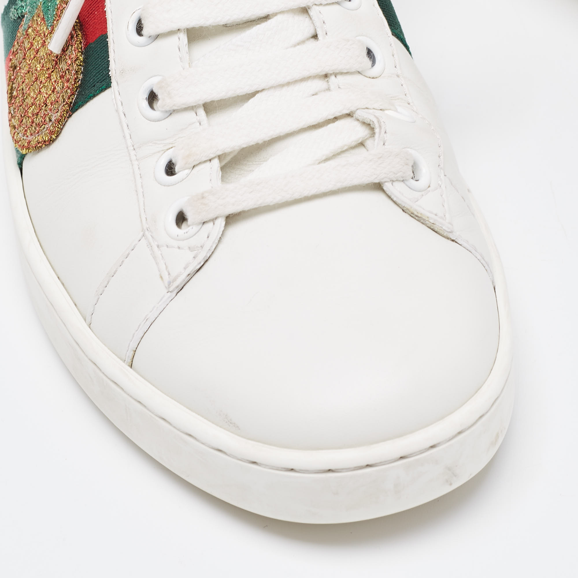 Gucci White/Red Leather And Snake Embossed Leather Ace Pineapple Sneakers Size 38